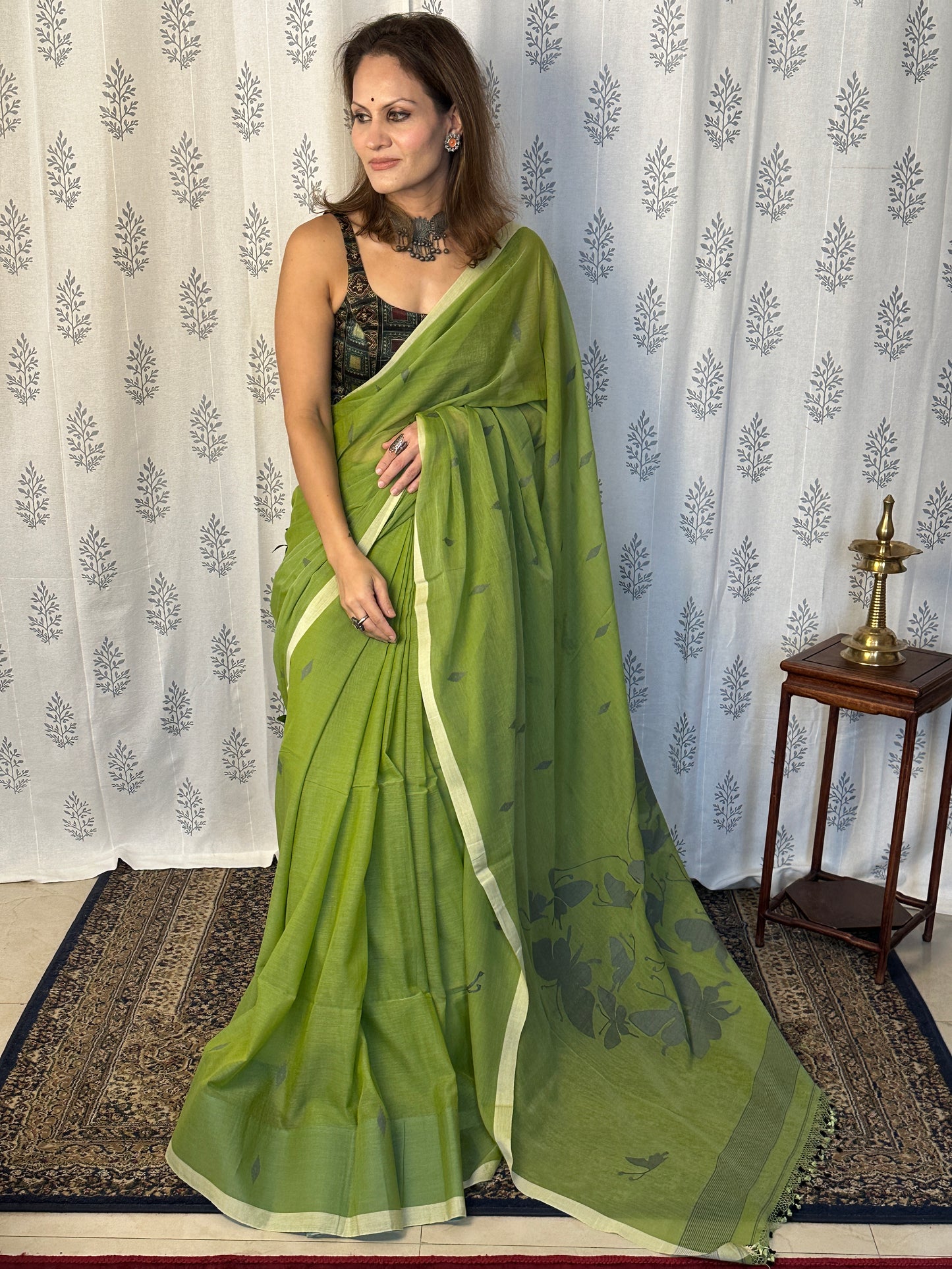 Green Hand Spun Pure Fine Cotton Jamdani Sari with Grey Woven Butterflies