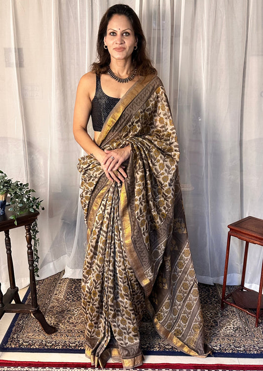 Gray Natural Vanaspati Block Print Maheshwari Sari with Zari Border