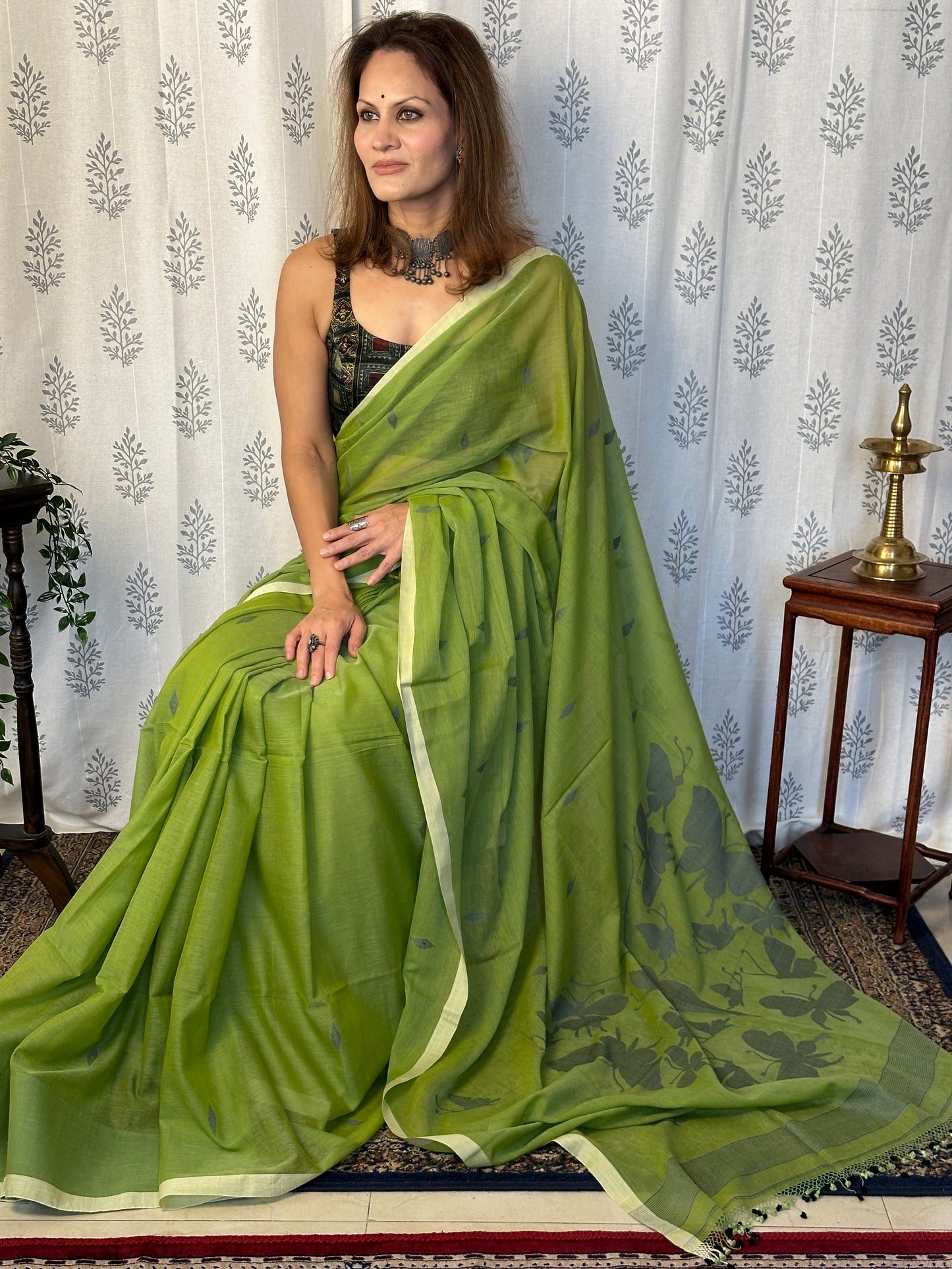 Green Hand Spun Pure Fine Cotton Jamdani Sari with Grey Woven Butterflies