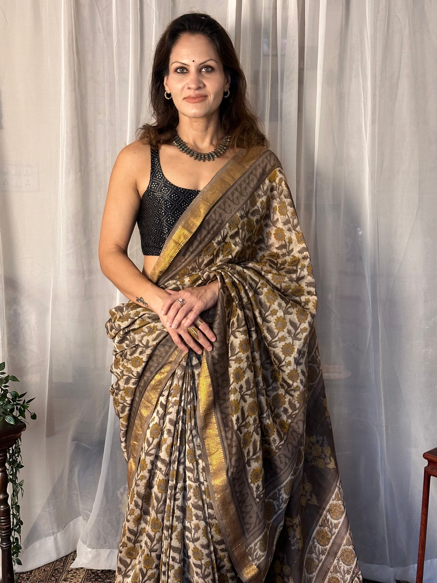 Gray Natural Vanaspati Block Print Maheshwari Sari with Zari Border