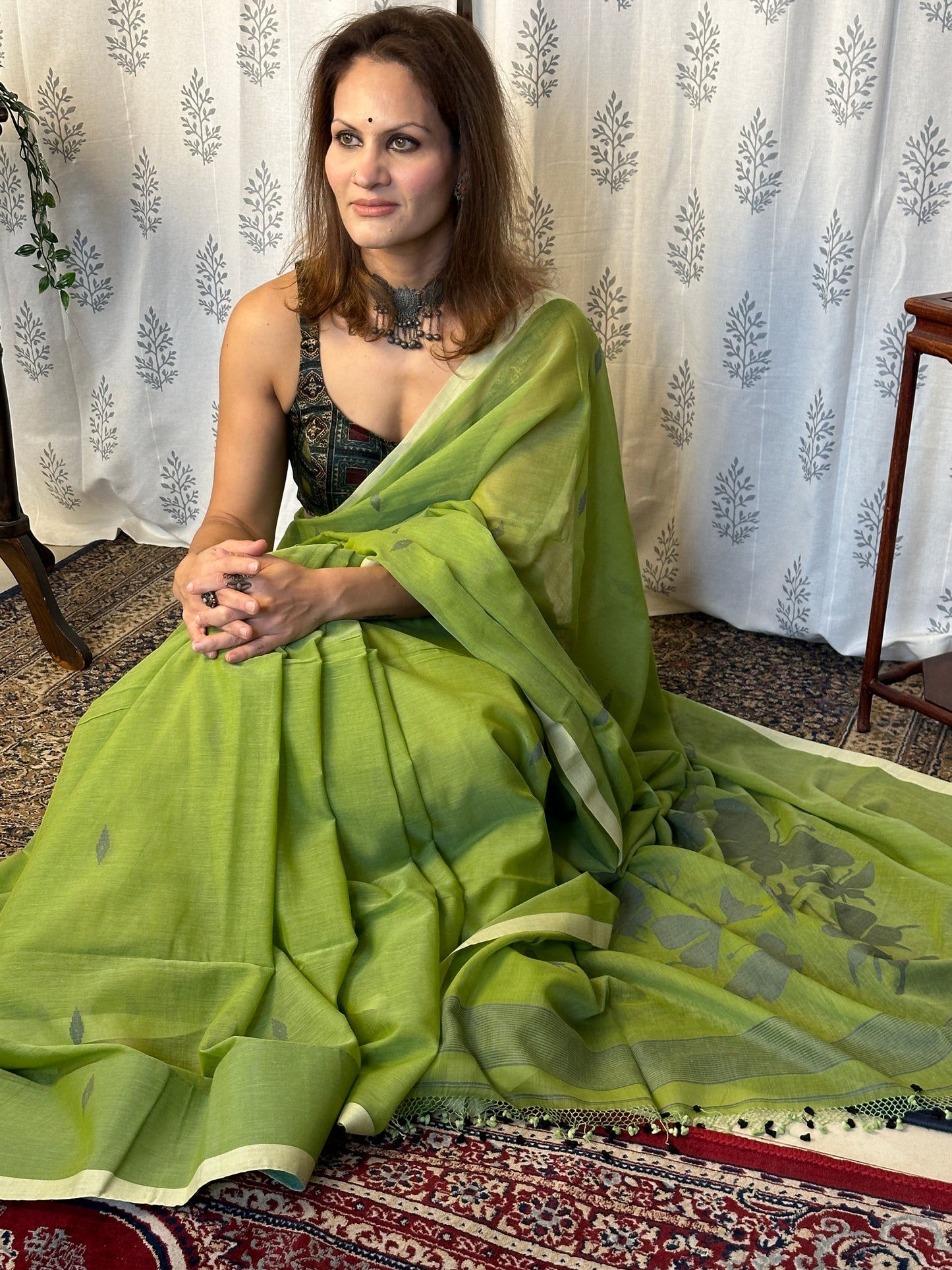 Green Hand Spun Pure Fine Cotton Jamdani Sari with Grey Woven Butterflies