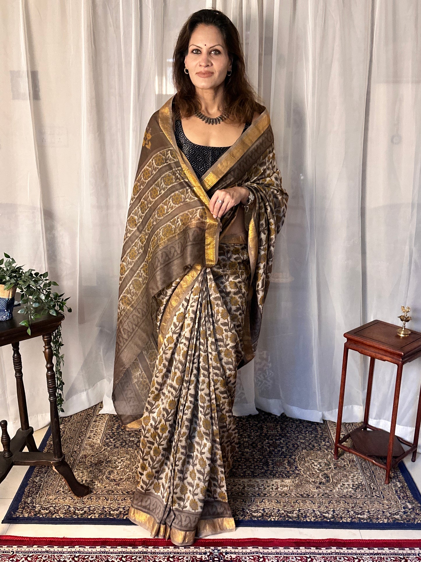 Gray Natural Vanaspati Block Print Maheshwari Sari with Zari Border