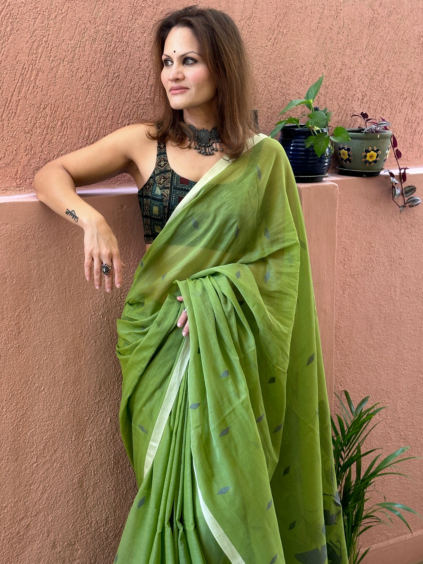 Green Hand Spun Pure Fine Cotton Jamdani Sari with Grey Woven Butterflies