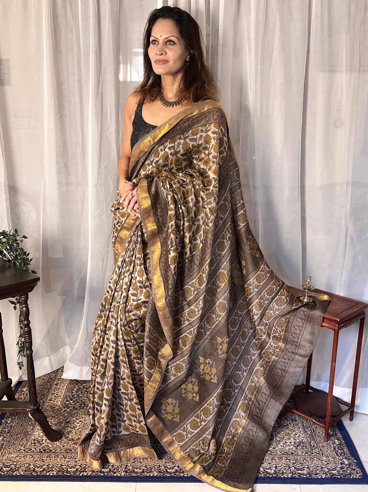 Gray Natural Vanaspati Block Print Maheshwari Sari with Zari Border