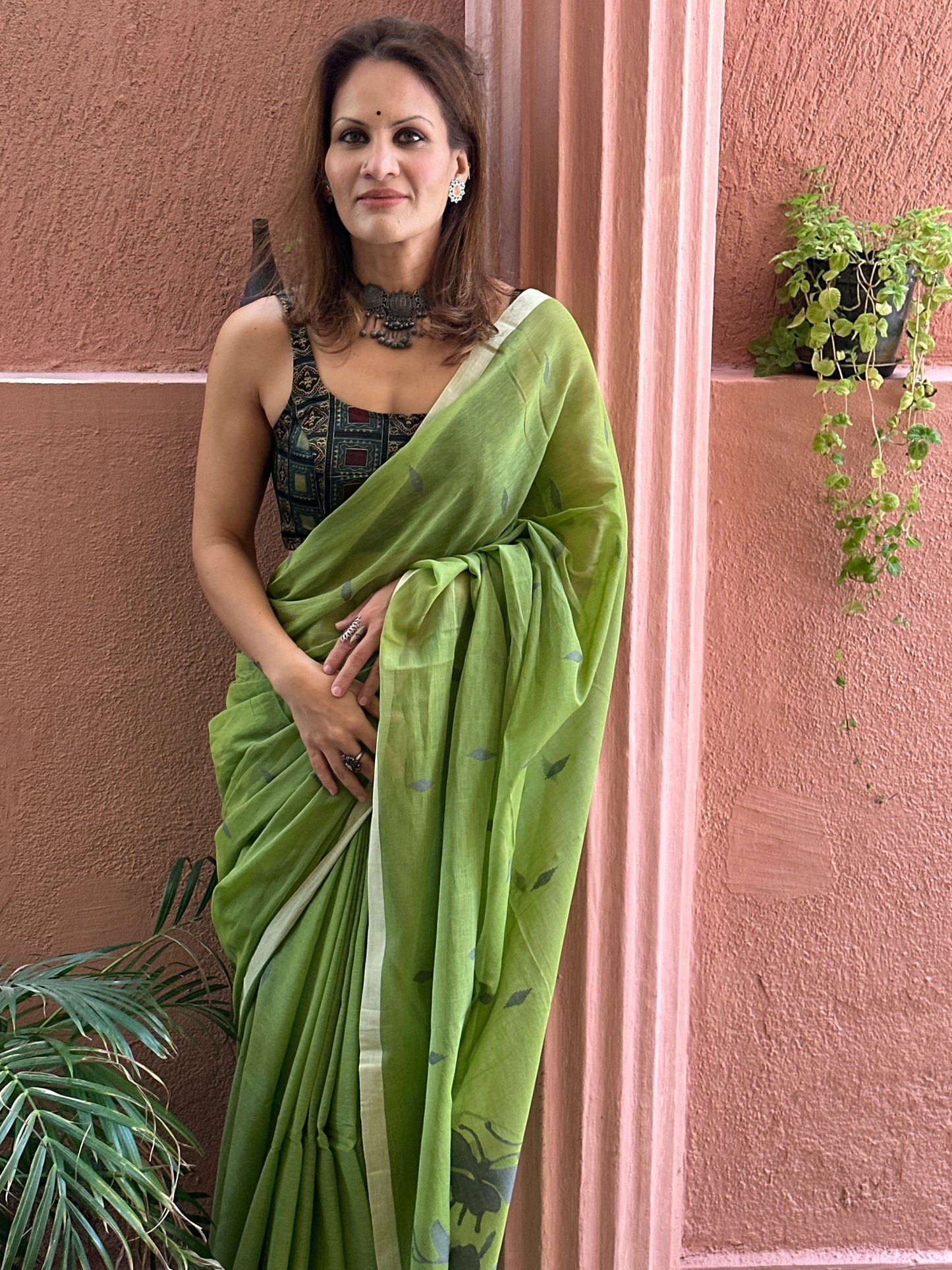 Green Hand Spun Pure Fine Cotton Jamdani Sari with Grey Woven Butterflies