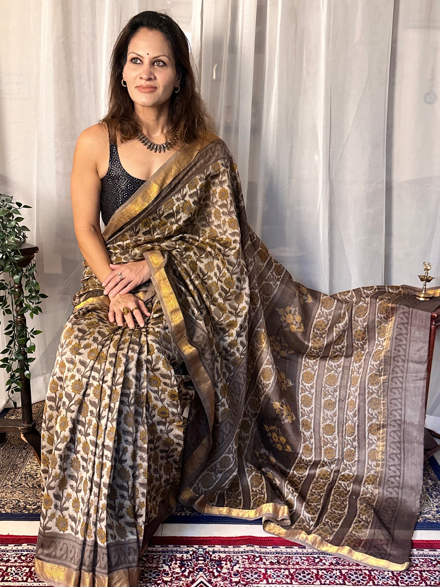 Gray Natural Vanaspati Block Print Maheshwari Sari with Zari Border