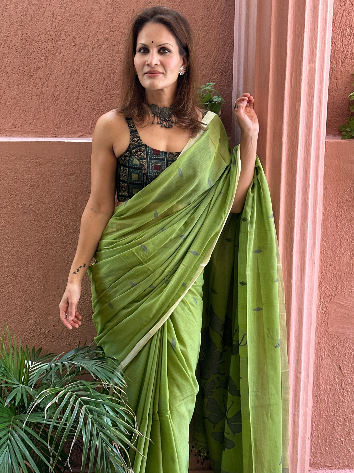 Green Hand Spun Pure Fine Cotton Jamdani Sari with Grey Woven Butterflies