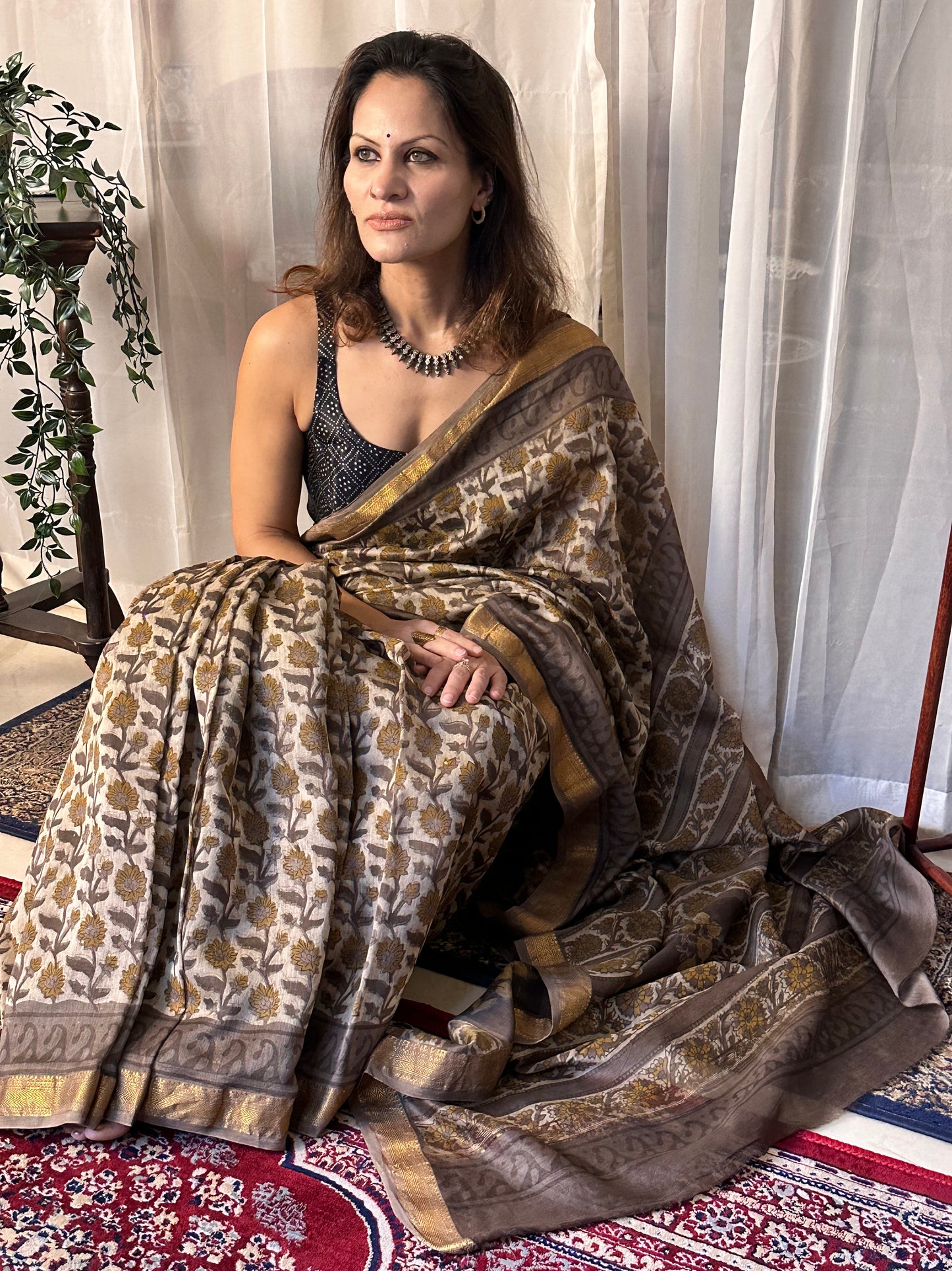 Gray Natural Vanaspati Block Print Maheshwari Sari with Zari Border