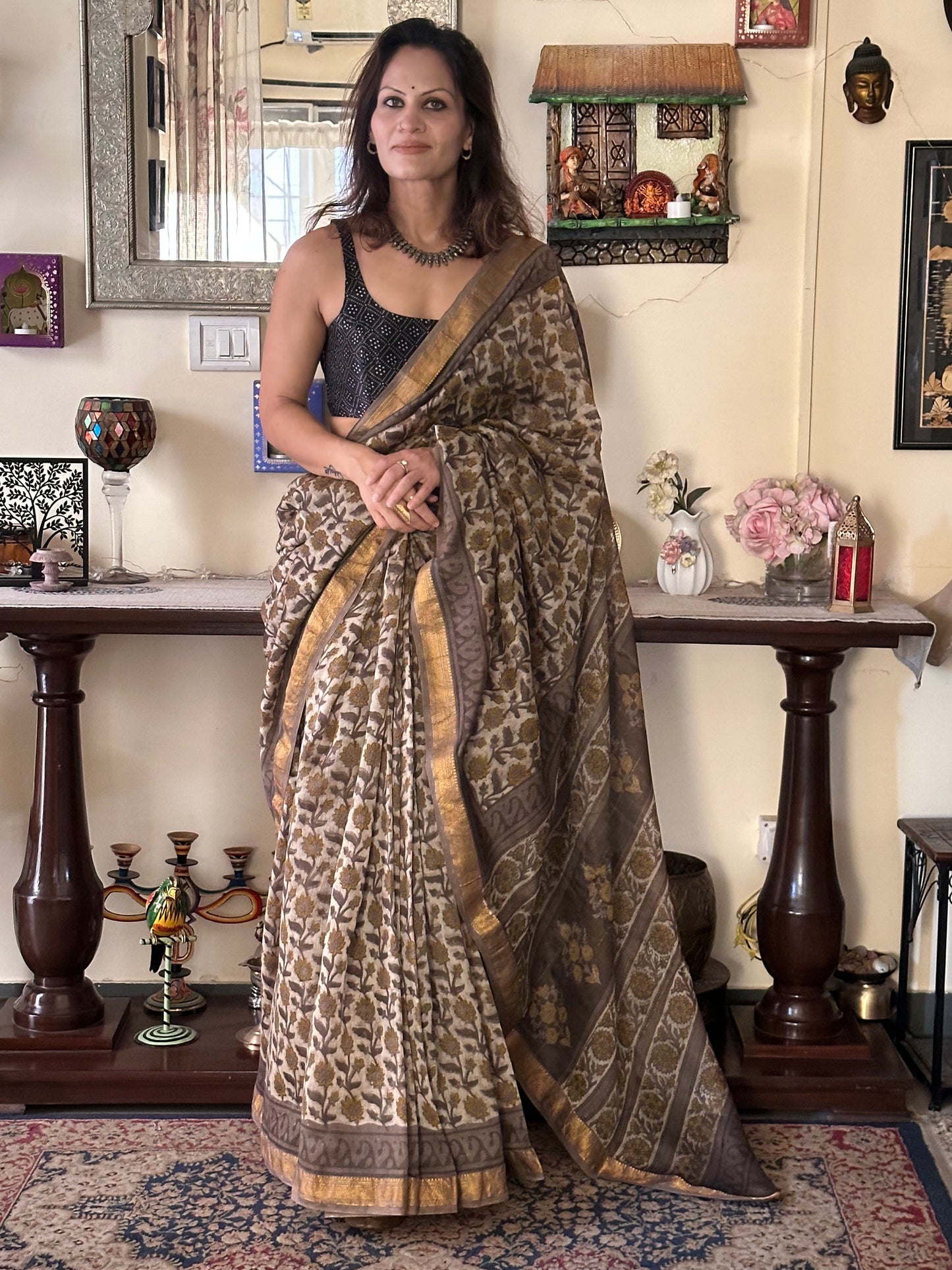 Gray Natural Vanaspati Block Print Maheshwari Sari with Zari Border