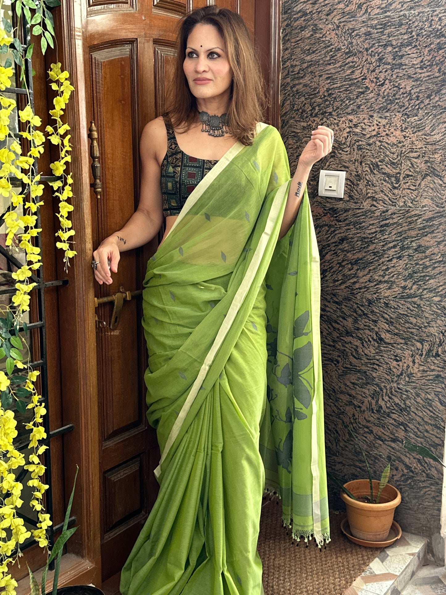 Green Hand Spun Pure Fine Cotton Jamdani Sari with Grey Woven Butterflies