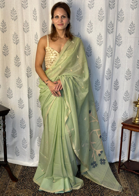 Mint Green Hand Spun Pure Fine Cotton Jamdani Sari with Intricate Needlework