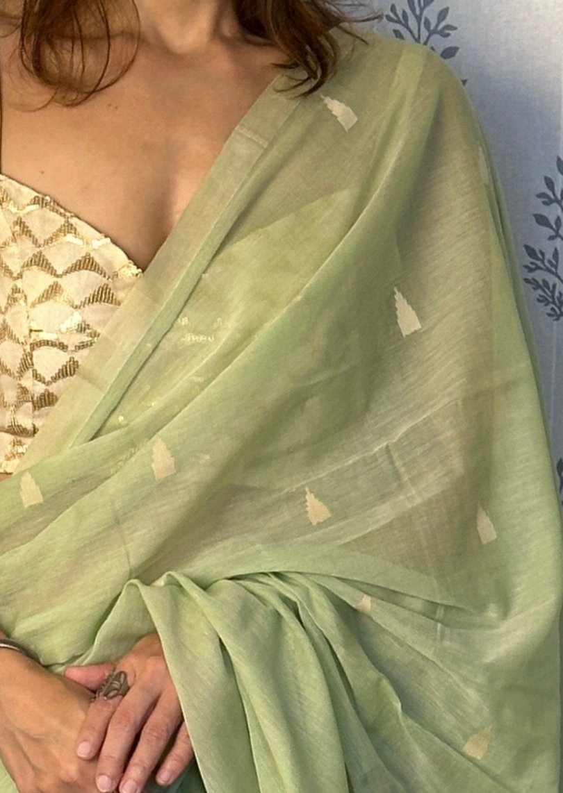 Mint Green Hand Spun Pure Fine Cotton Jamdani Sari with Intricate Needlework