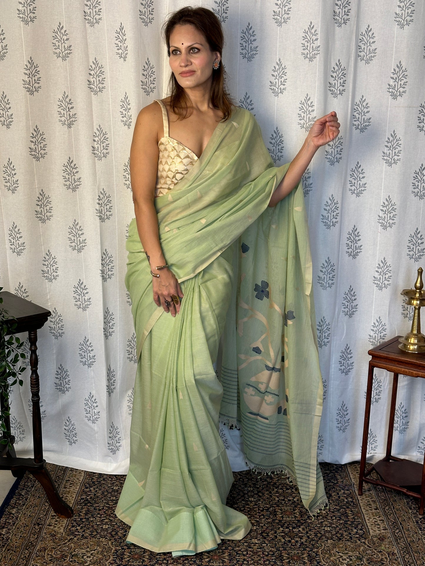 Mint Green Hand Spun Pure Fine Cotton Jamdani Sari with Intricate Needlework