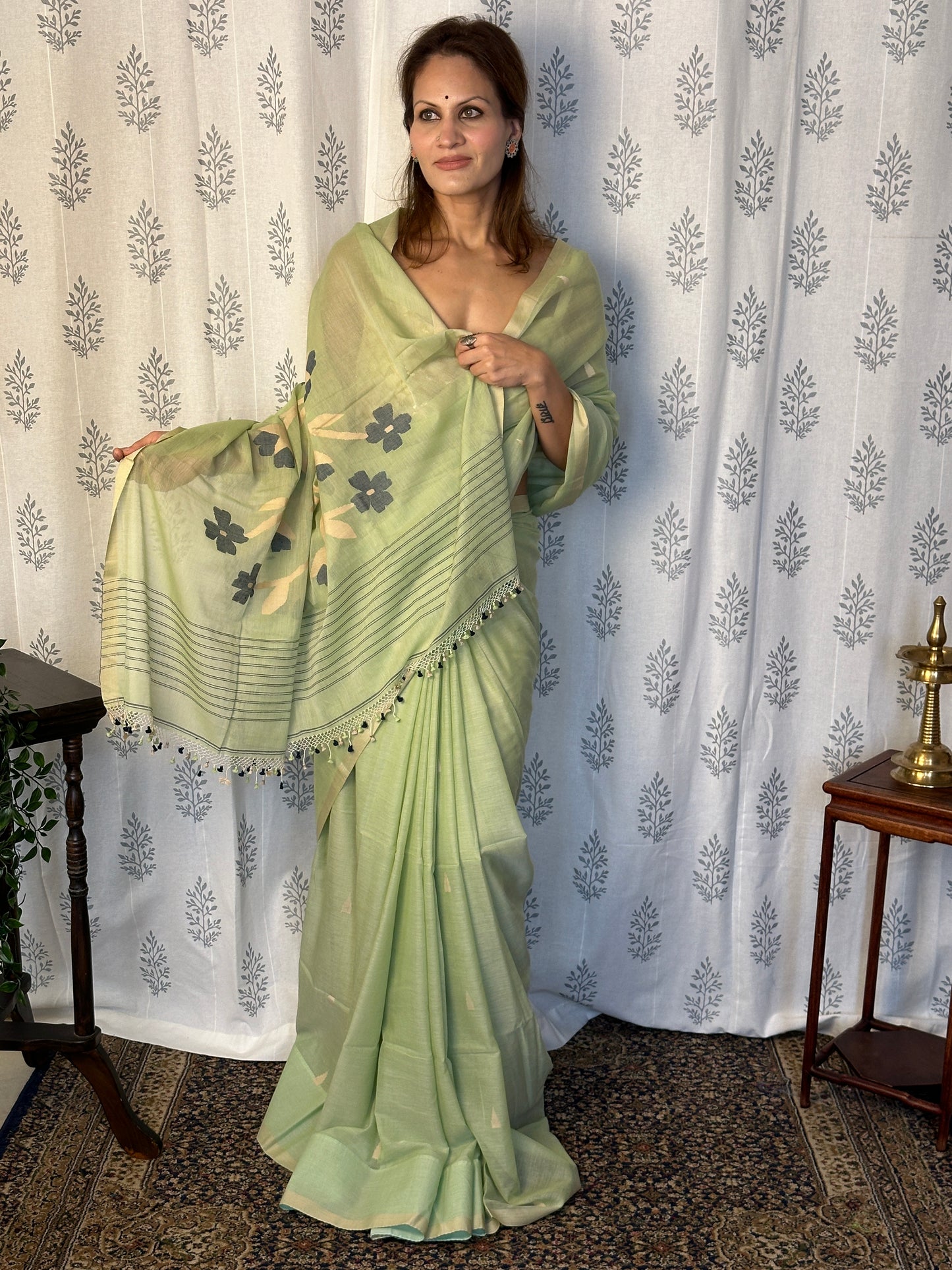 Mint Green Hand Spun Pure Fine Cotton Jamdani Sari with Intricate Needlework