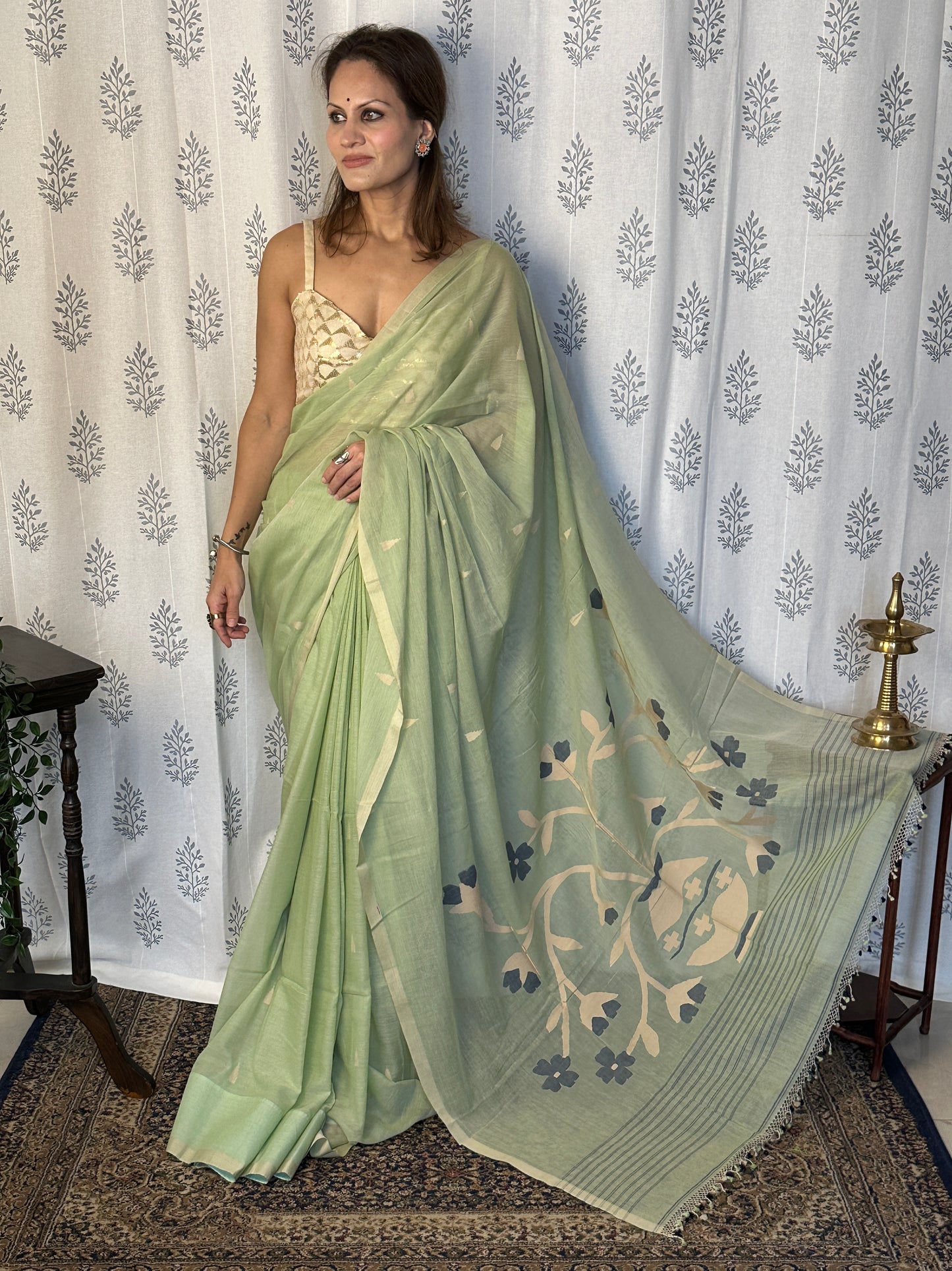 Mint Green Hand Spun Pure Fine Cotton Jamdani Sari with Intricate Needlework