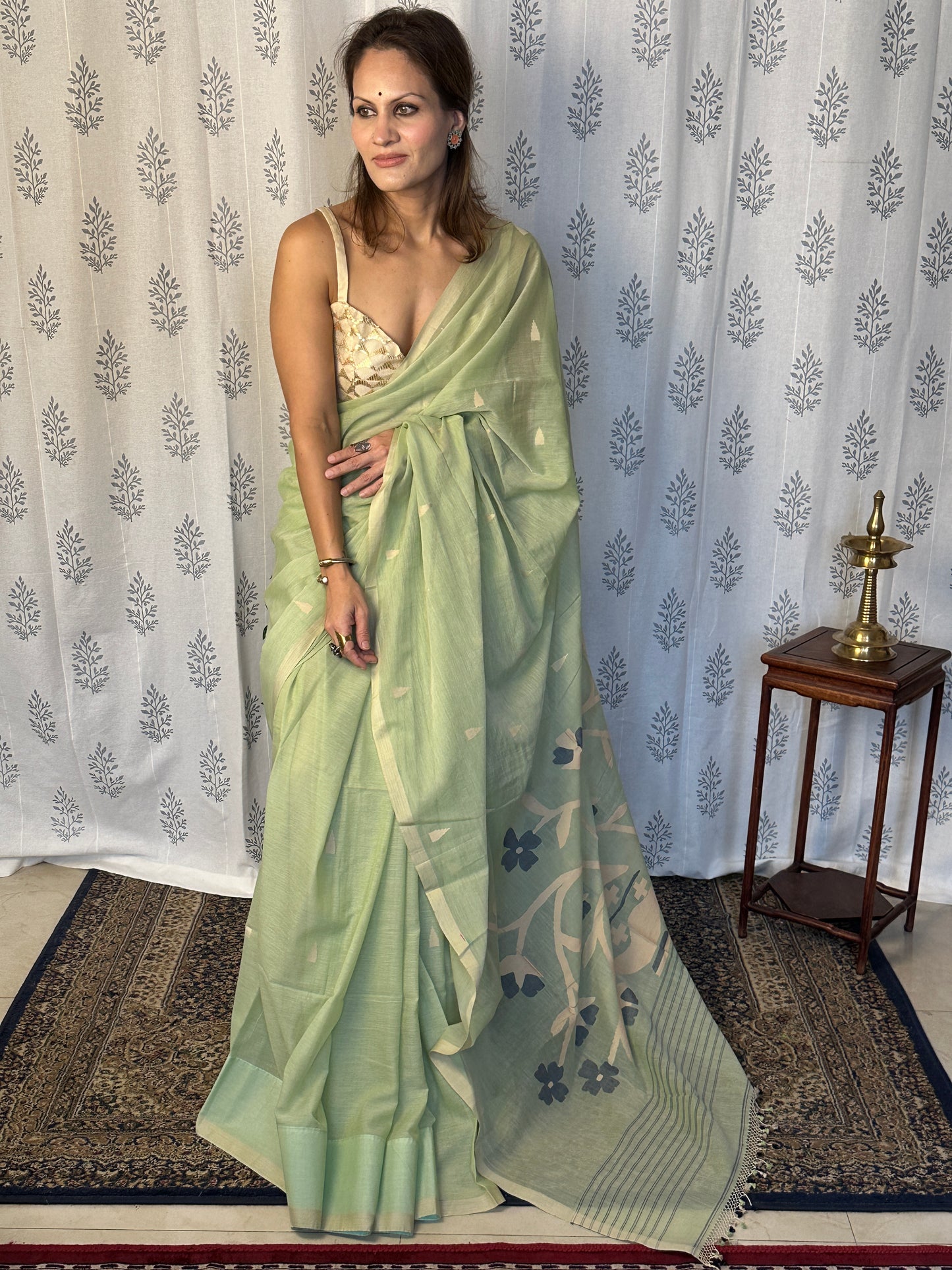 Mint Green Hand Spun Pure Fine Cotton Jamdani Sari with Intricate Needlework