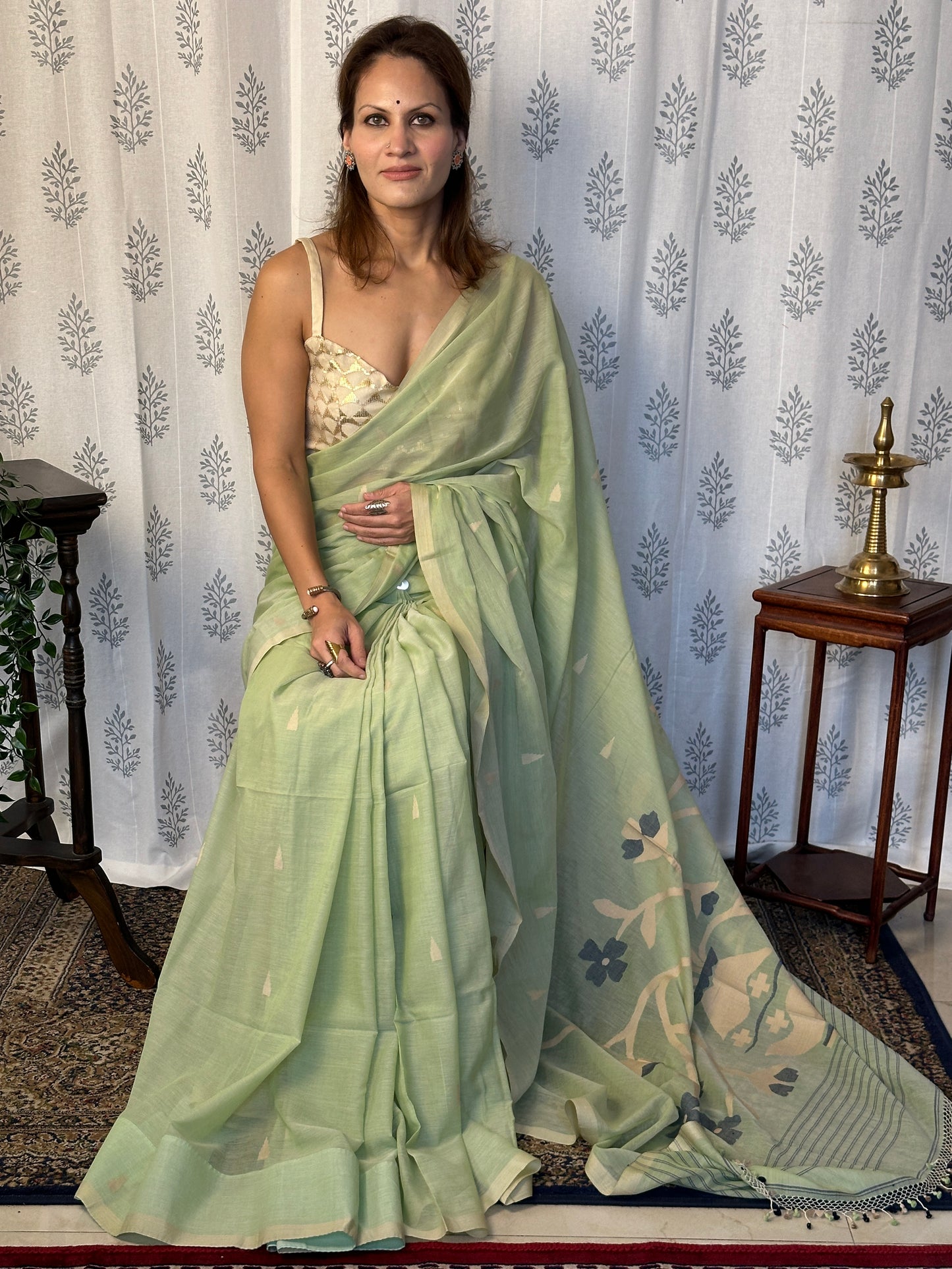 Mint Green Hand Spun Pure Fine Cotton Jamdani Sari with Intricate Needlework