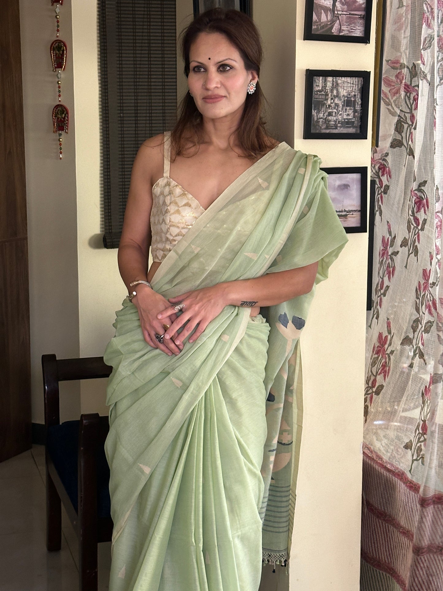 Mint Green Hand Spun Pure Fine Cotton Jamdani Sari with Intricate Needlework