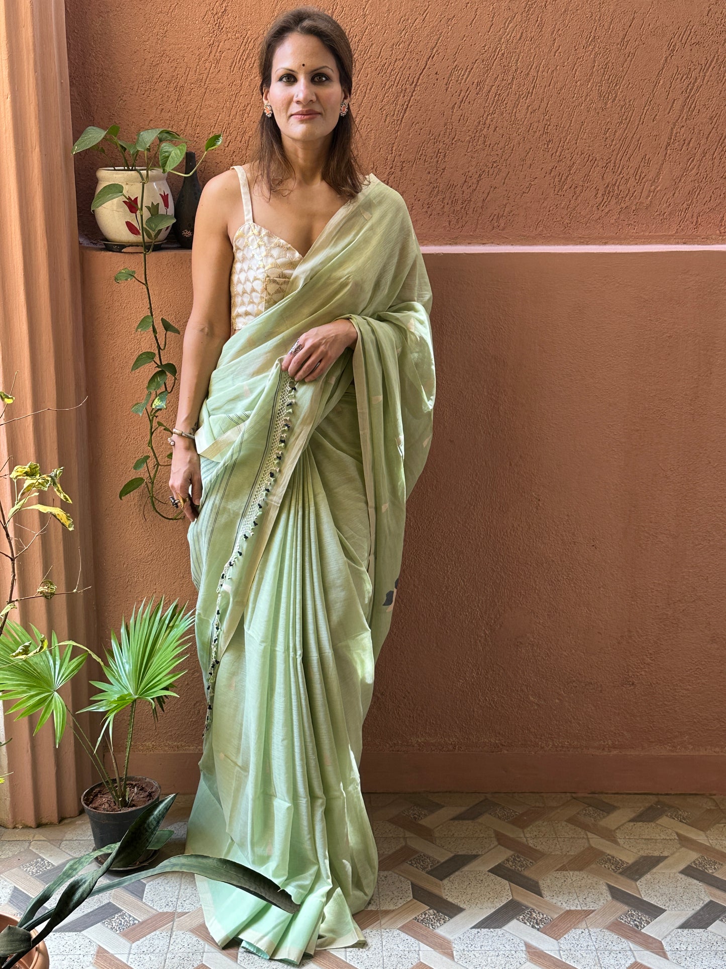 Mint Green Hand Spun Pure Fine Cotton Jamdani Sari with Intricate Needlework