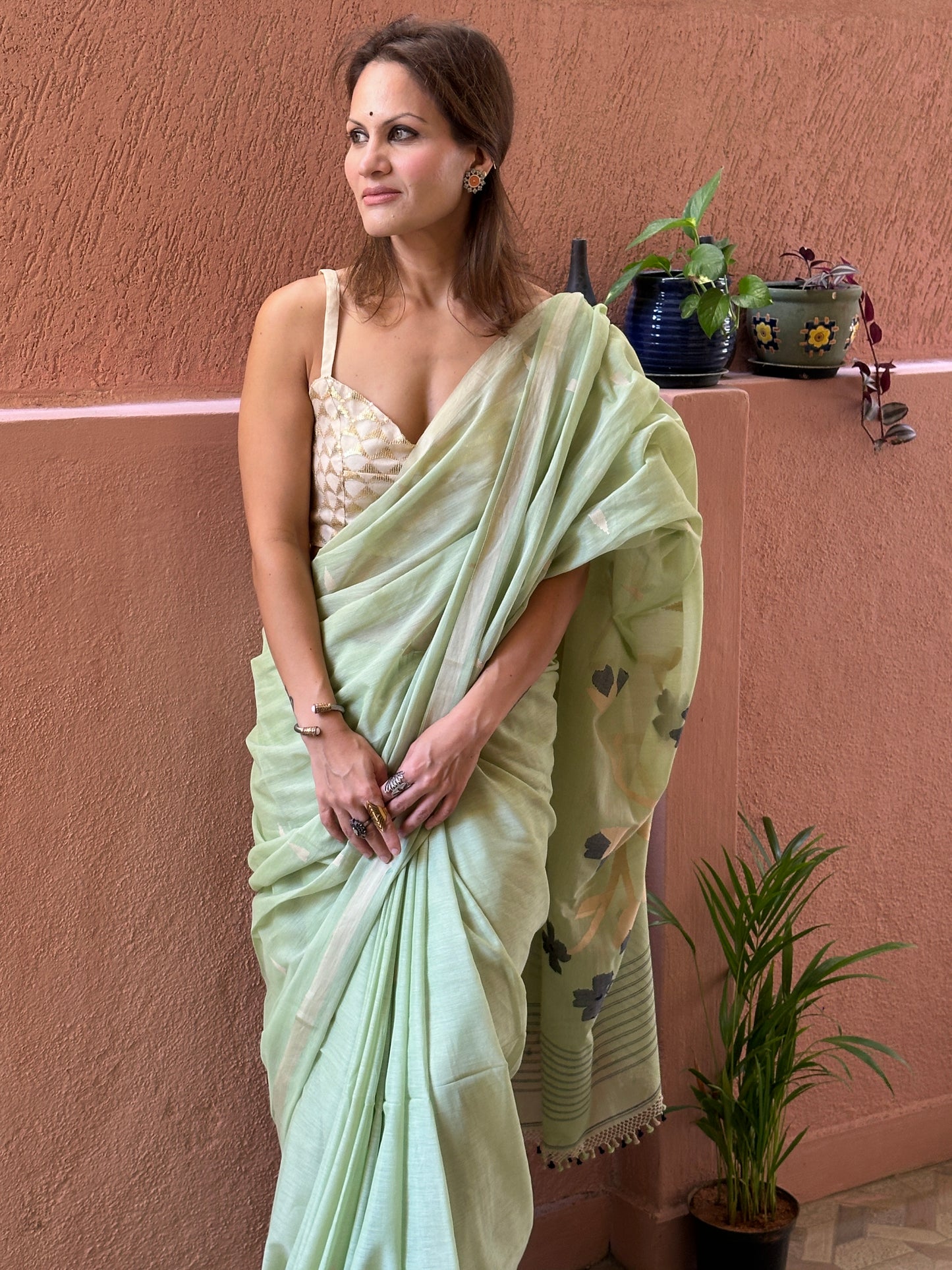 Mint Green Hand Spun Pure Fine Cotton Jamdani Sari with Intricate Needlework