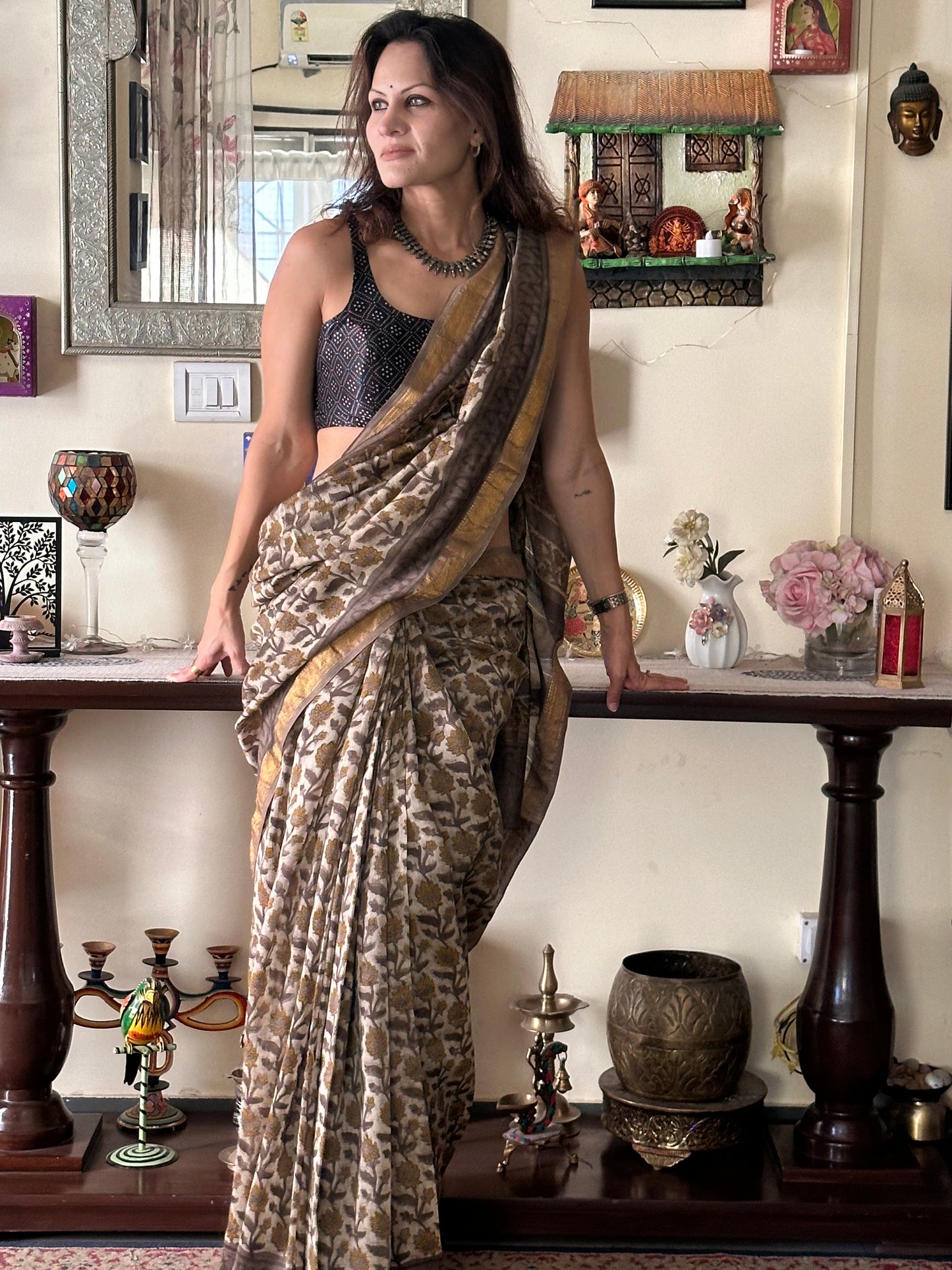 Gray Natural Vanaspati Block Print Maheshwari Sari with Zari Border