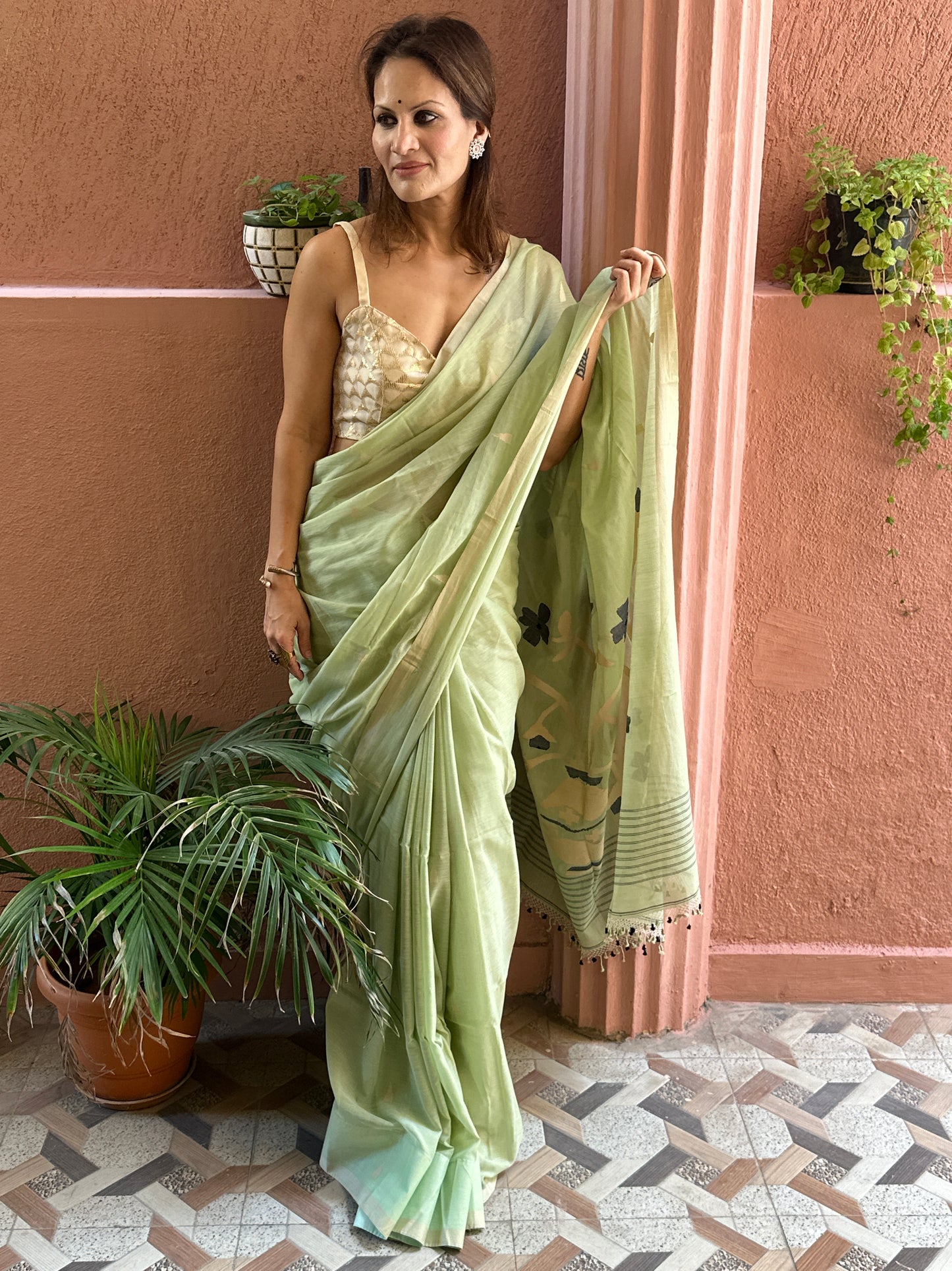 Mint Green Hand Spun Pure Fine Cotton Jamdani Sari with Intricate Needlework