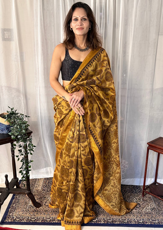 Mustard Natural Vanaspati Block Print Maheshwari Sari with Zari Border