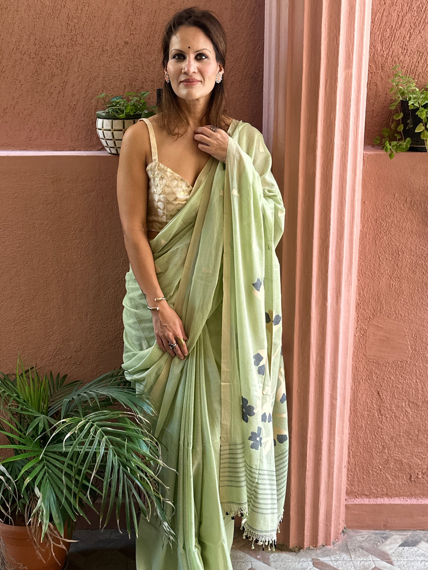 Mint Green Hand Spun Pure Fine Cotton Jamdani Sari with Intricate Needlework