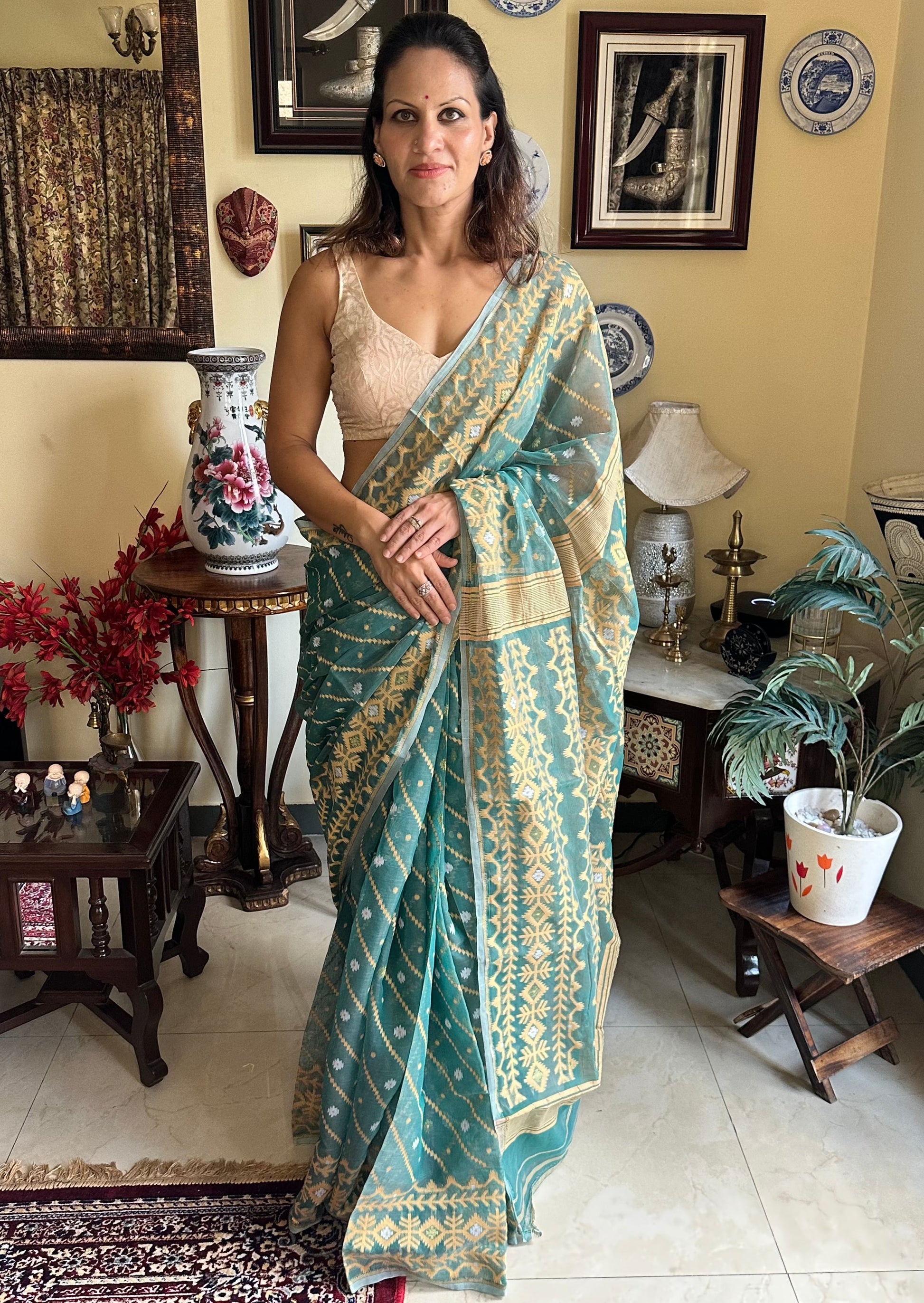 Green Cotton Silk Jamdani Sari - Raahini