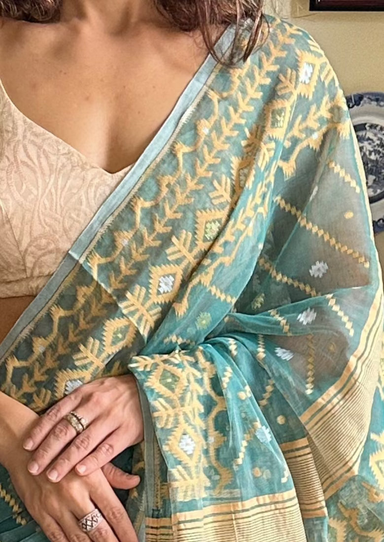 Green Cotton Silk Jamdani Sari - Raahini