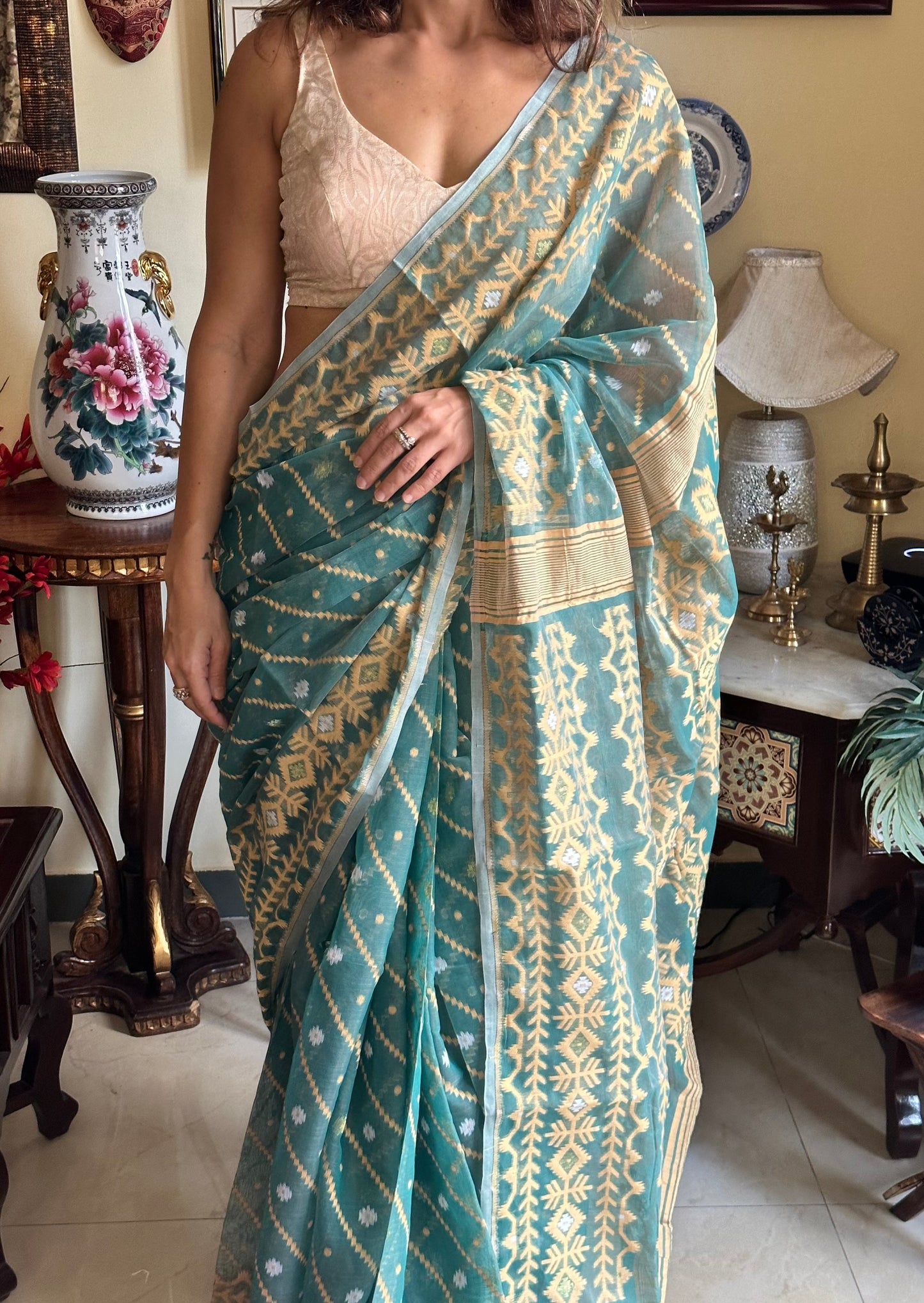 Green Cotton Silk Jamdani Sari - Raahini