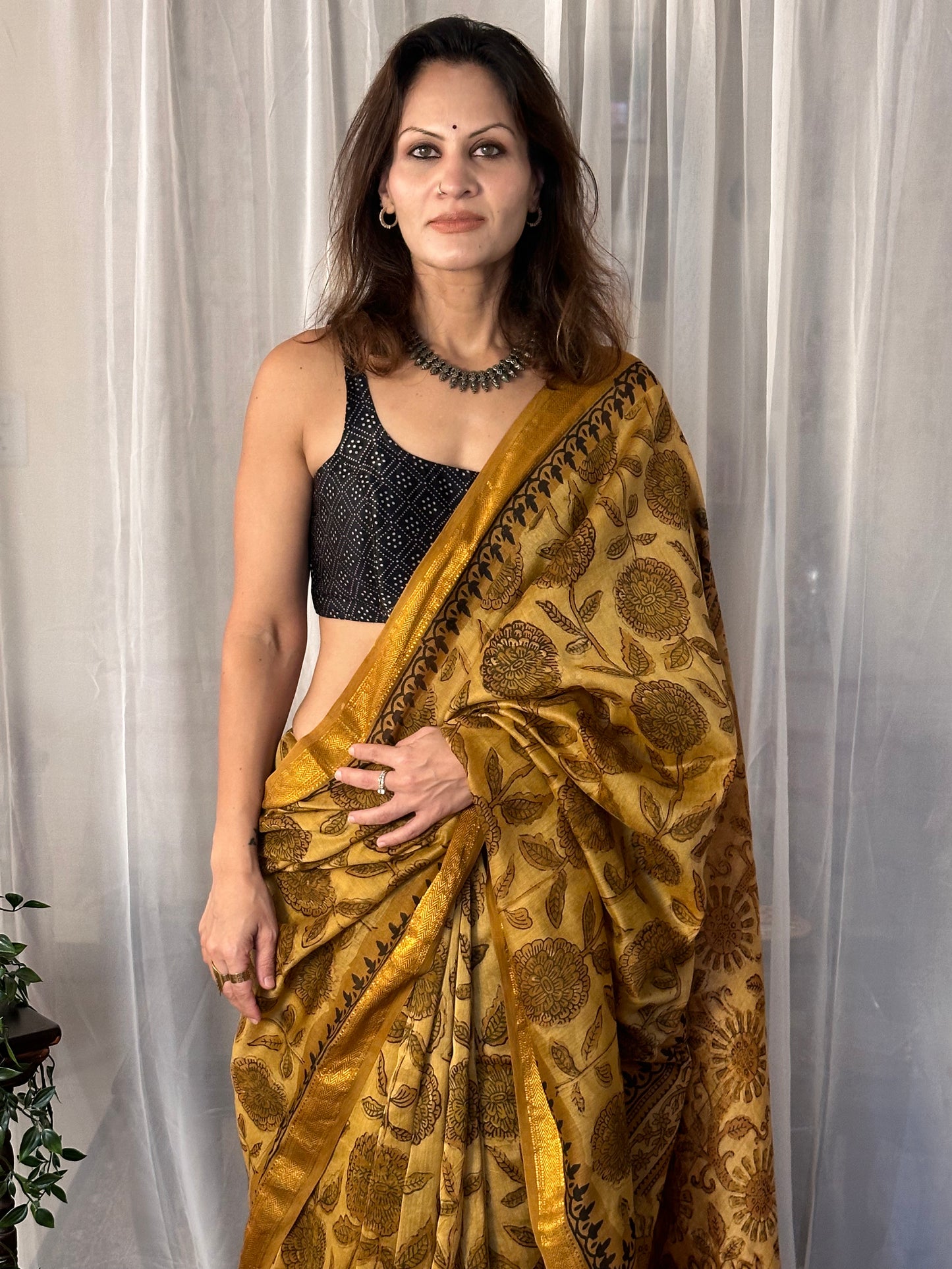 Mustard Natural Vanaspati Block Print Maheshwari Sari with Zari Border