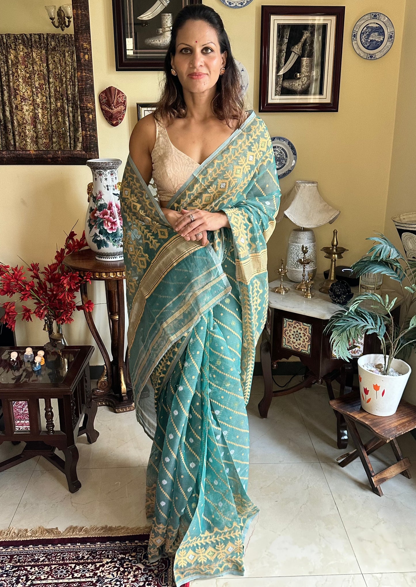 Green Cotton Silk Jamdani Sari - Raahini