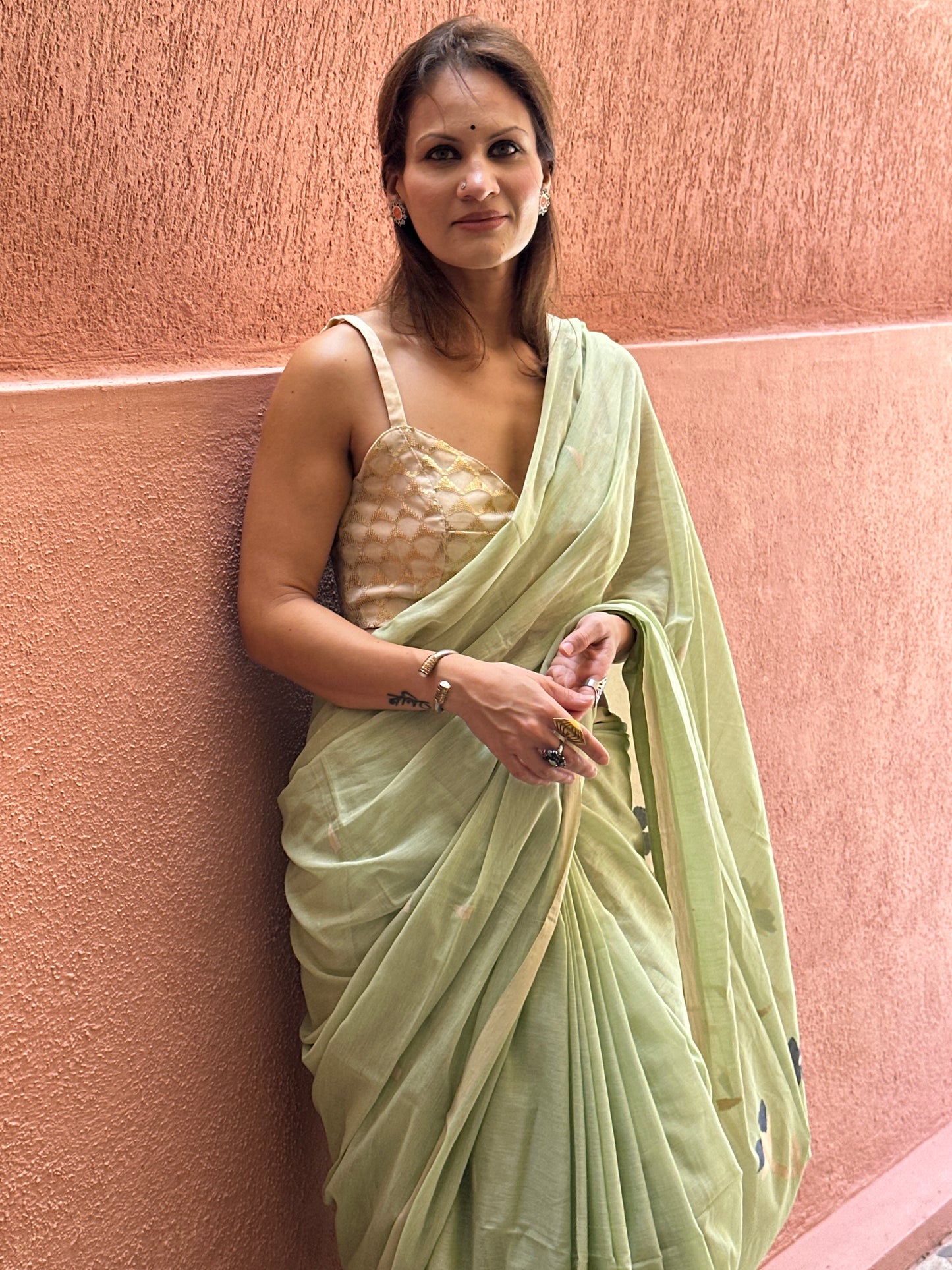 Mint Green Hand Spun Pure Fine Cotton Jamdani Sari with Intricate Needlework