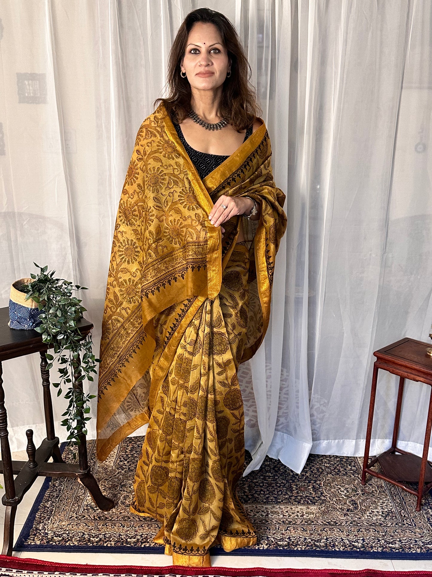 Mustard Natural Vanaspati Block Print Maheshwari Sari with Zari Border