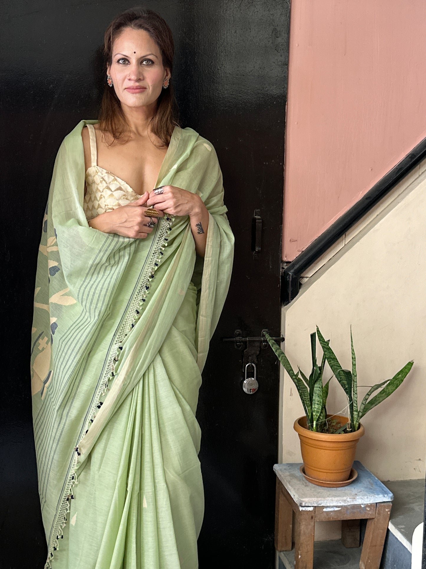 Mint Green Hand Spun Pure Fine Cotton Jamdani Sari with Intricate Needlework