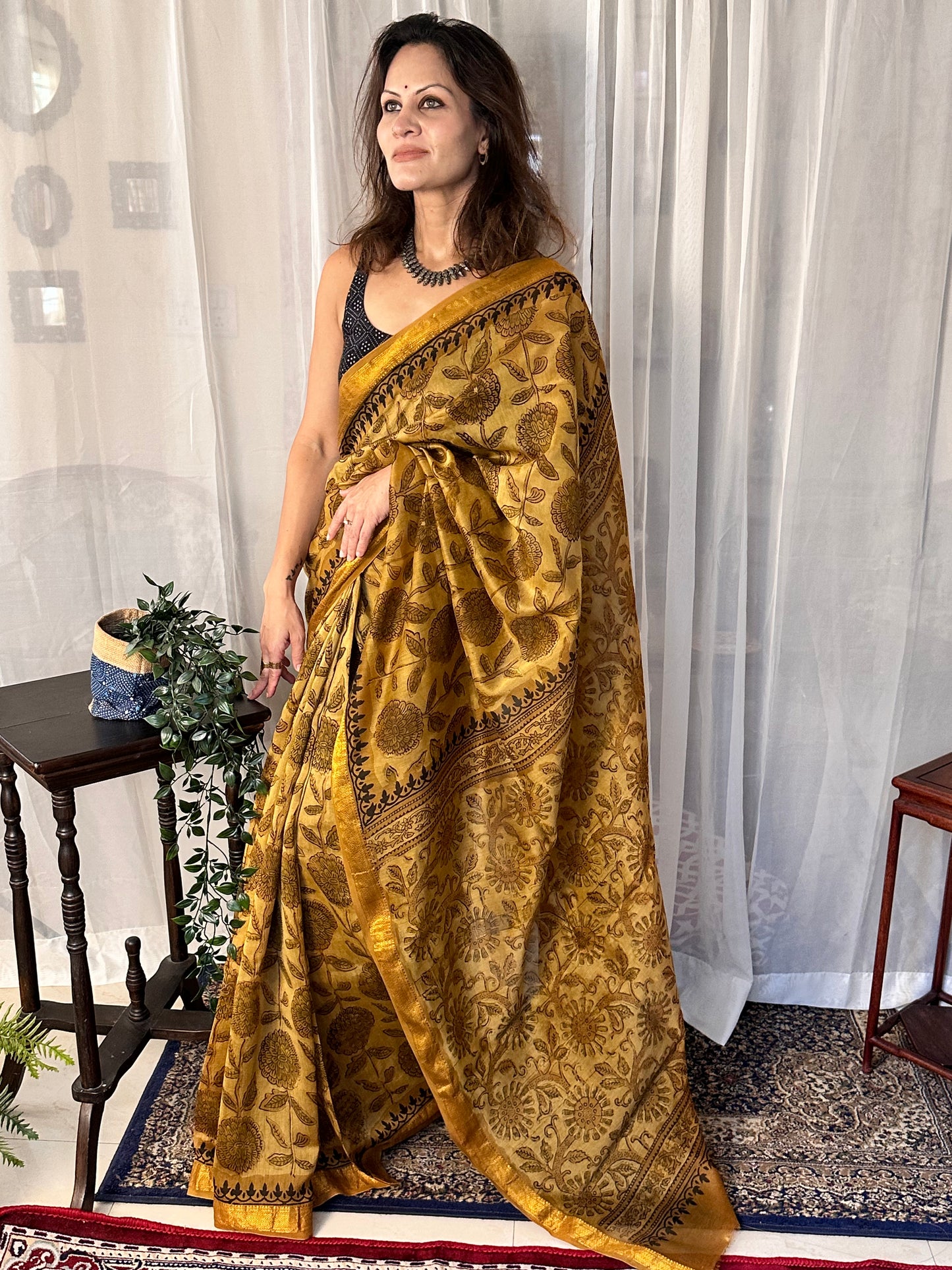 Mustard Natural Vanaspati Block Print Maheshwari Sari with Zari Border