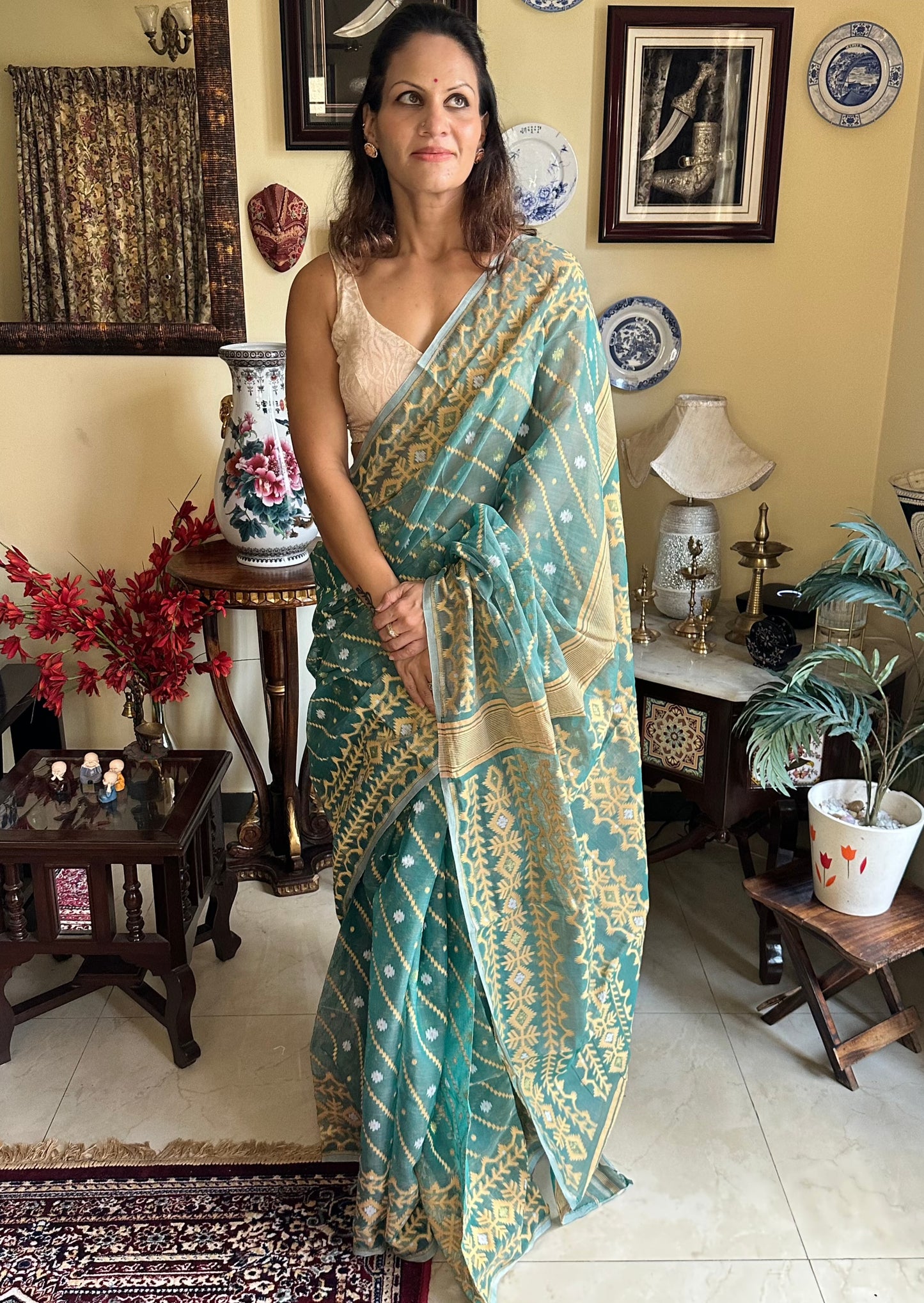 Green Cotton Silk Jamdani Sari - Raahini