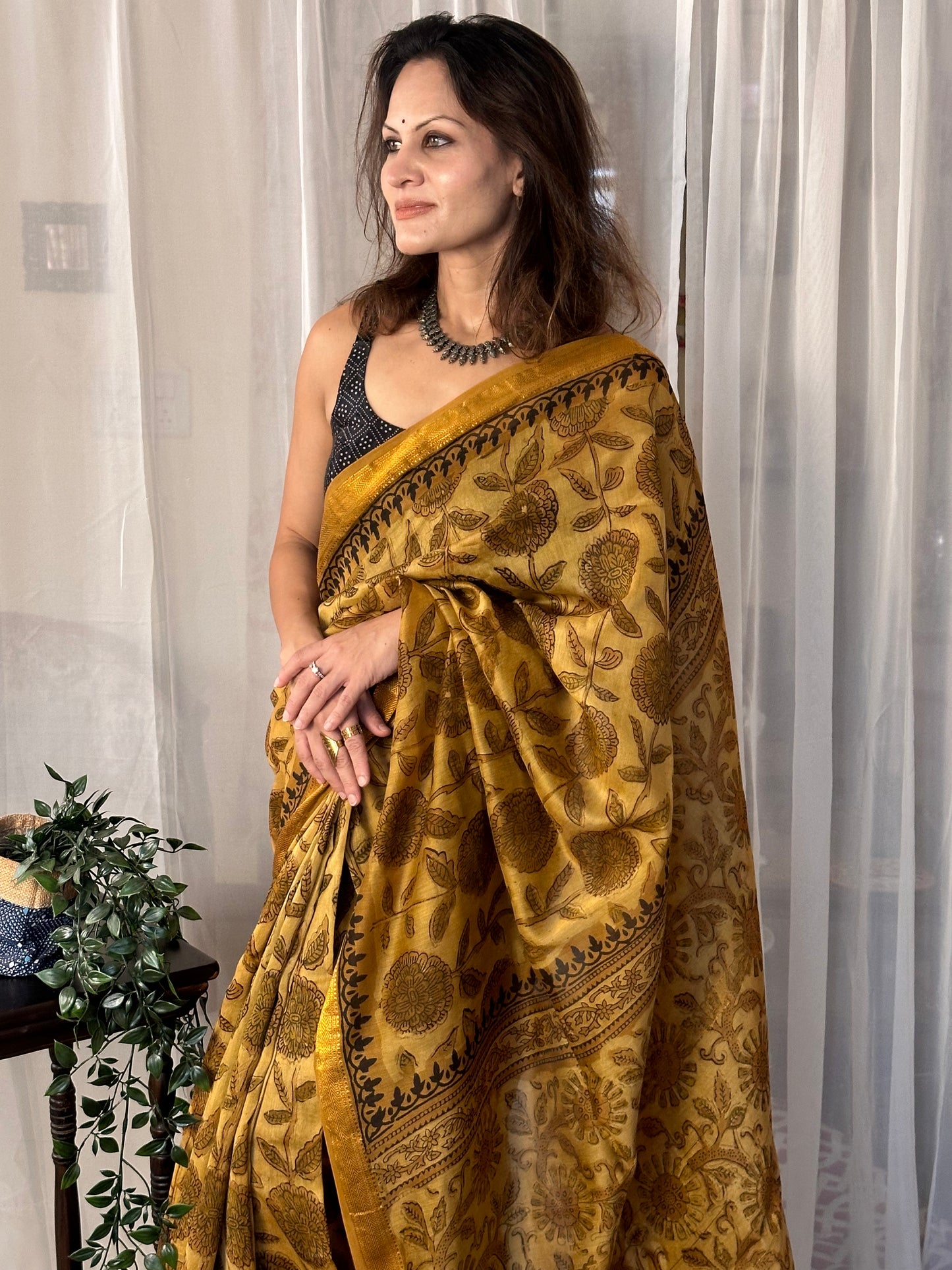 Mustard Natural Vanaspati Block Print Maheshwari Sari with Zari Border