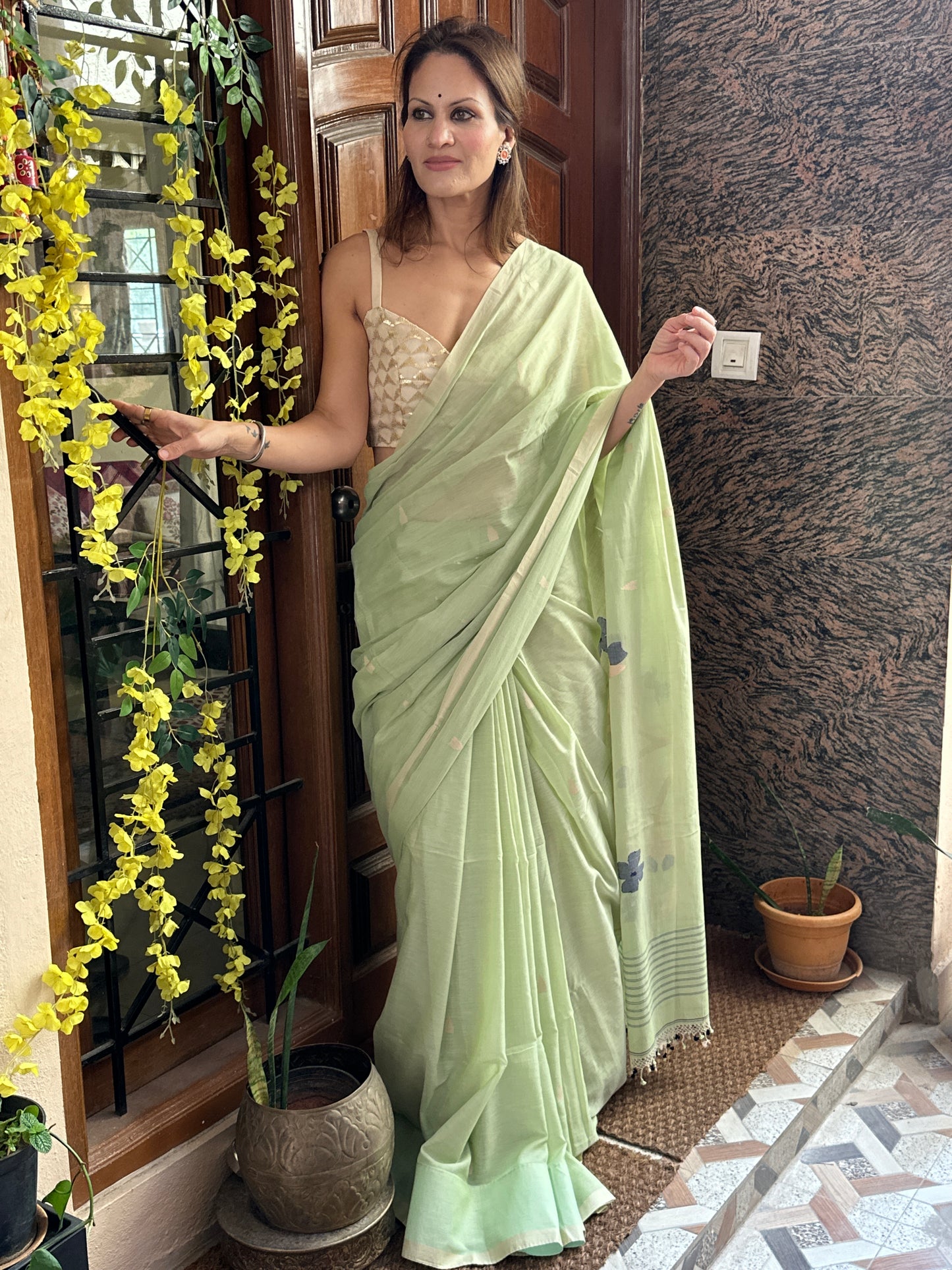 Mint Green Hand Spun Pure Fine Cotton Jamdani Sari with Intricate Needlework