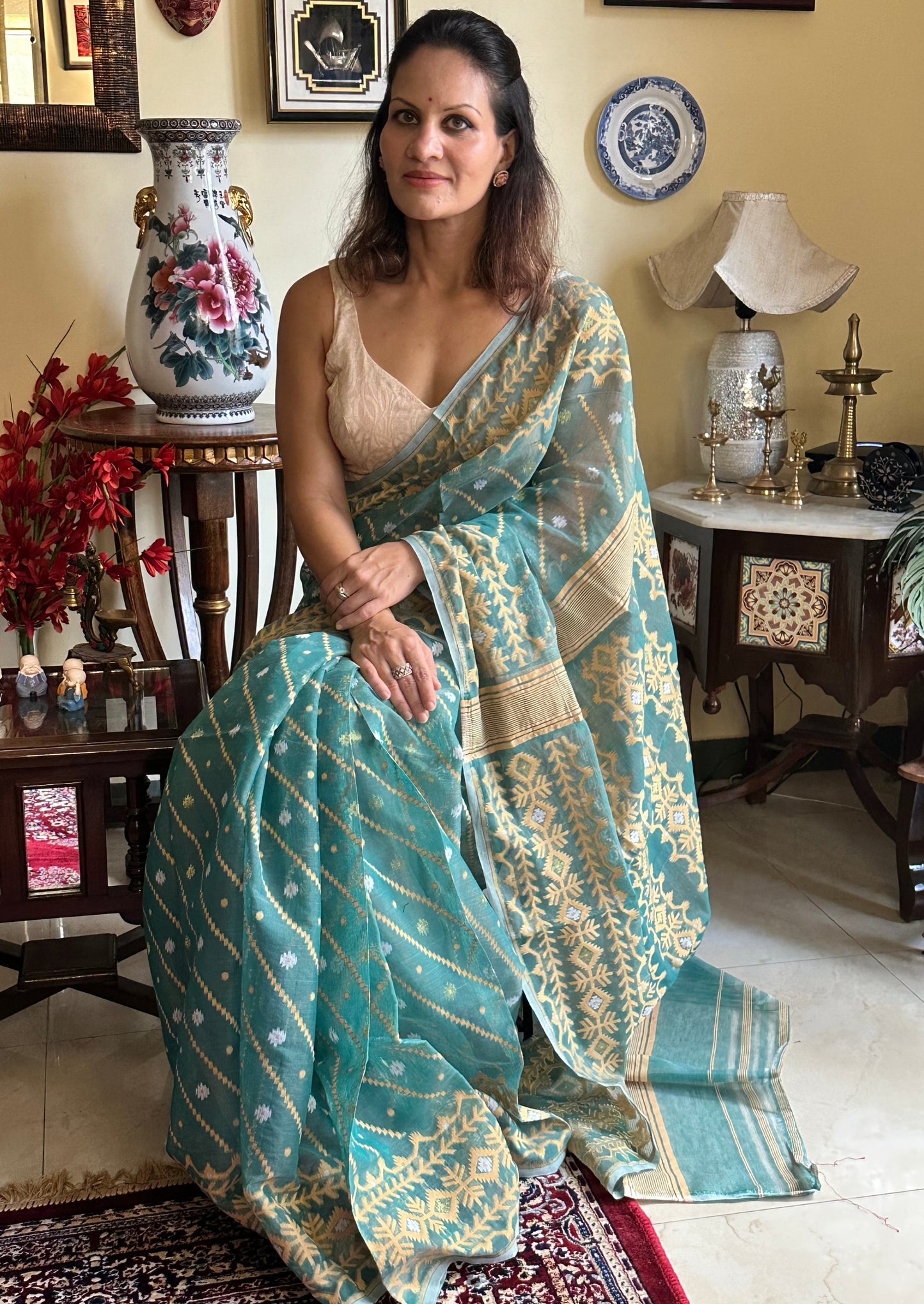 Green Cotton Silk Jamdani Sari - Raahini