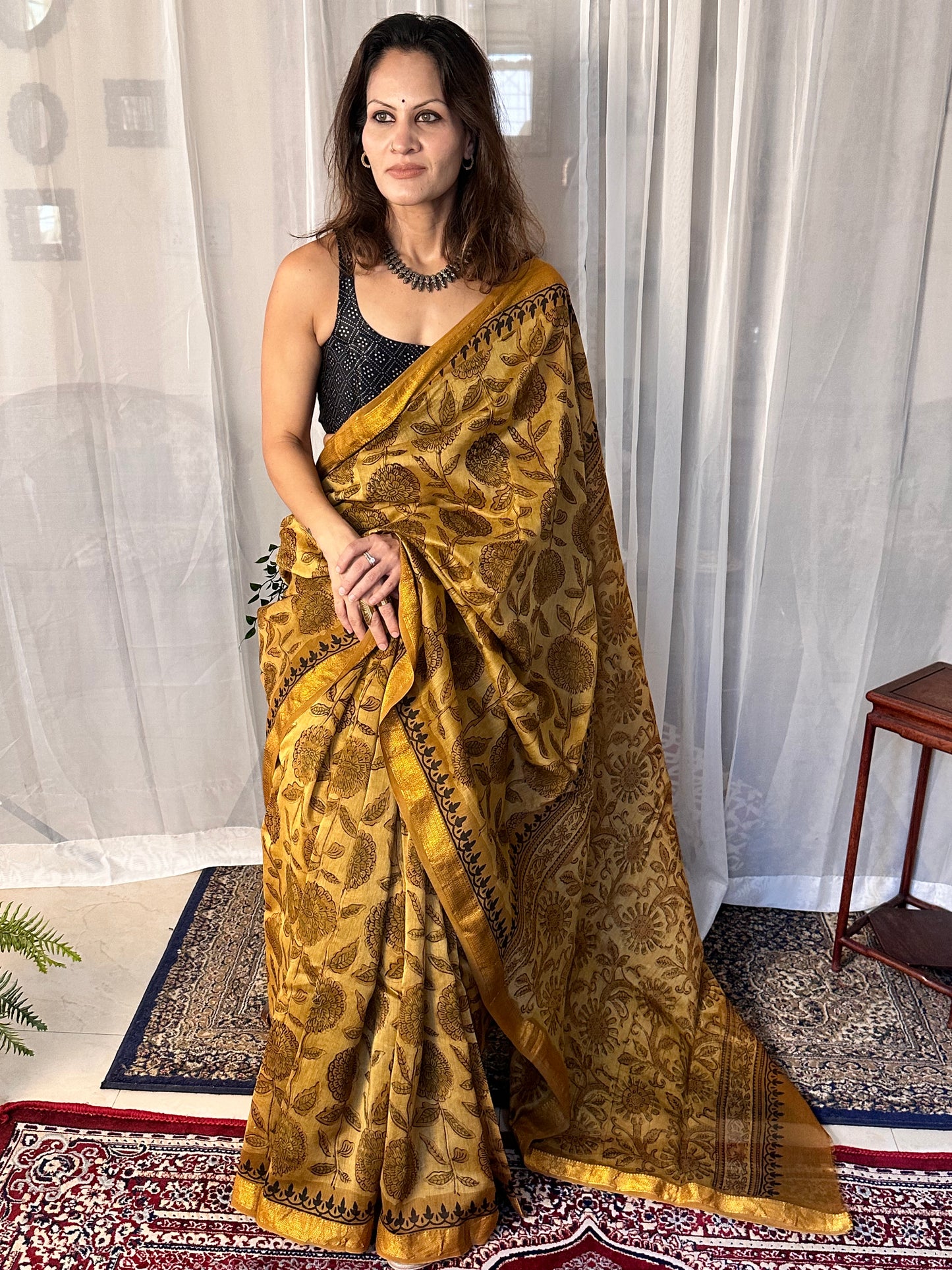 Mustard Natural Vanaspati Block Print Maheshwari Sari with Zari Border