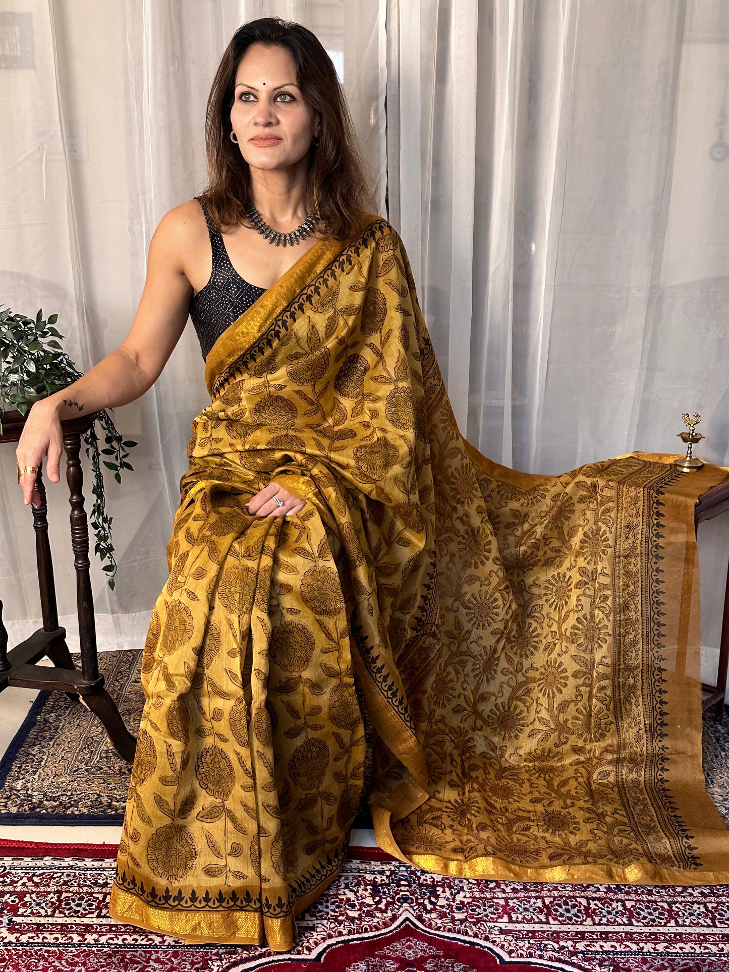 Mustard Natural Vanaspati Block Print Maheshwari Sari with Zari Border