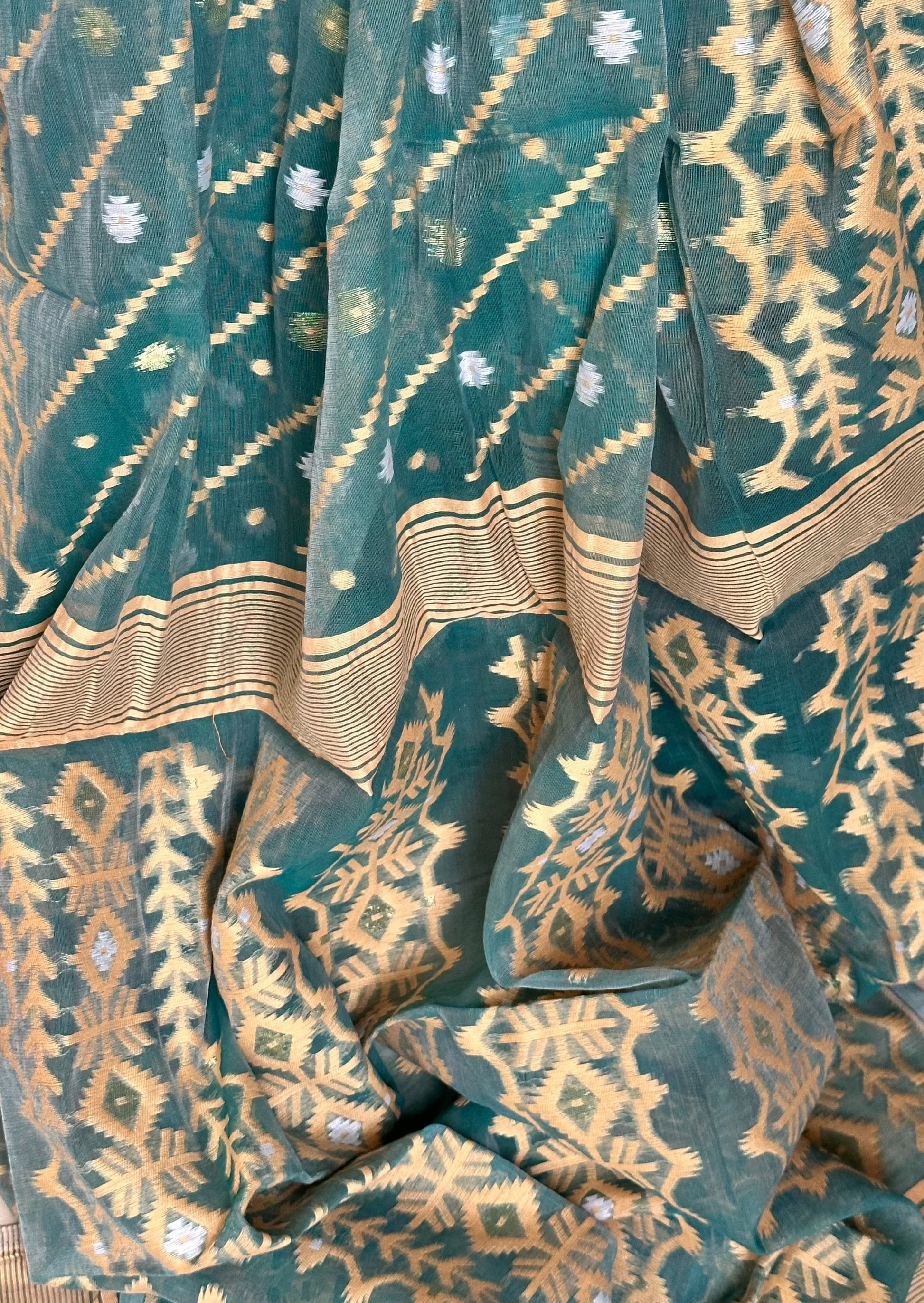 Green Cotton Silk Jamdani Sari - Raahini