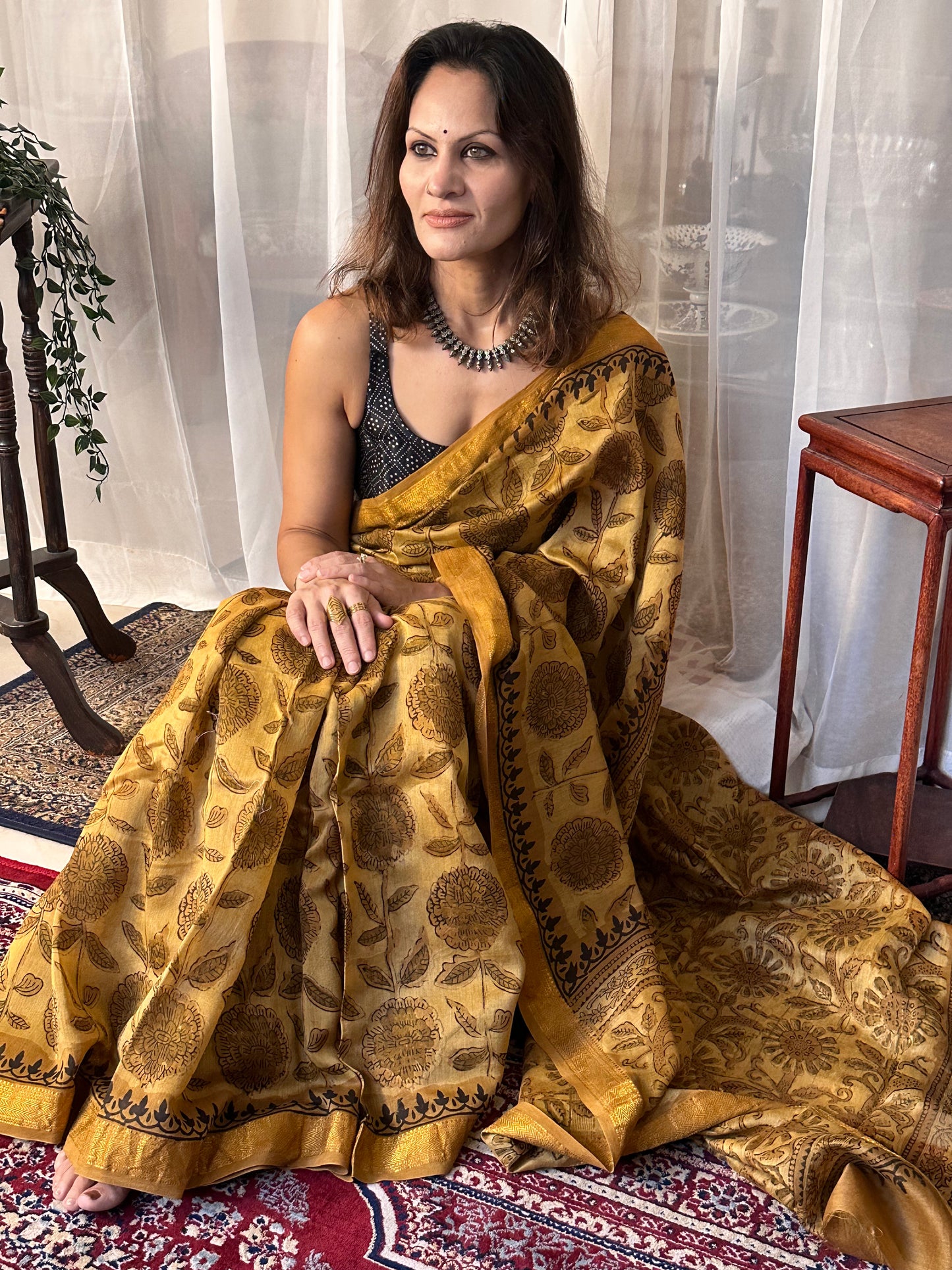 Mustard Natural Vanaspati Block Print Maheshwari Sari with Zari Border