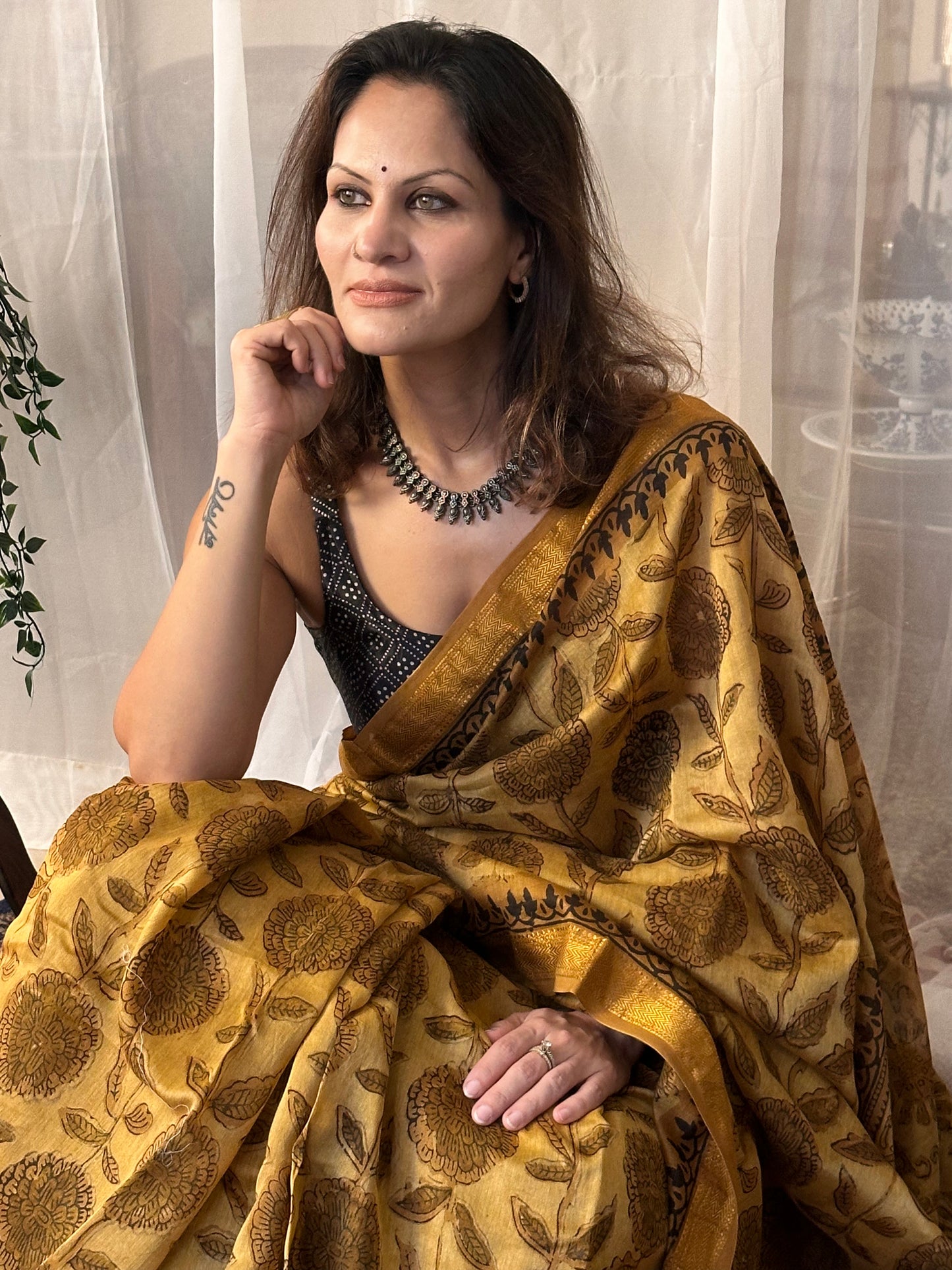 Mustard Natural Vanaspati Block Print Maheshwari Sari with Zari Border