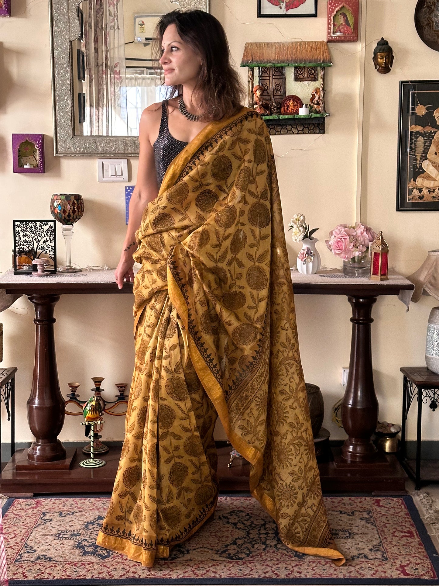 Mustard Natural Vanaspati Block Print Maheshwari Sari with Zari Border