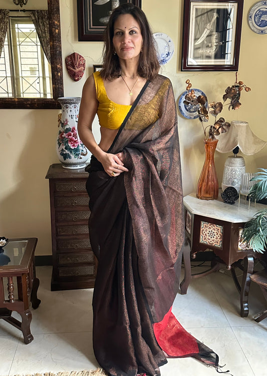 Handloom Linen Tissue with Contrast Zari Woven Pallu - Raahini