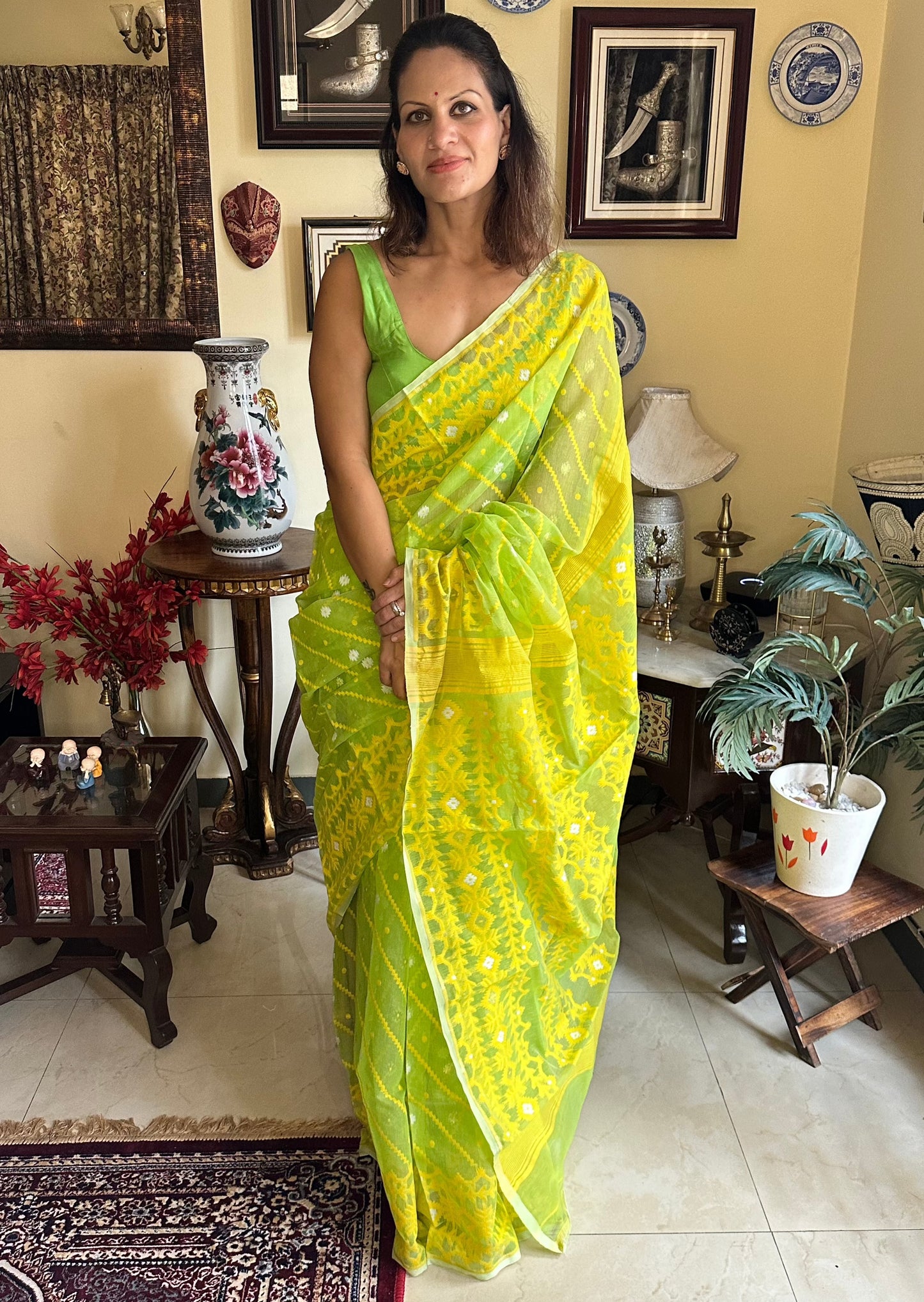 Lemon Green & Yellow Cotton Silk Jamdani Sari - Raahini