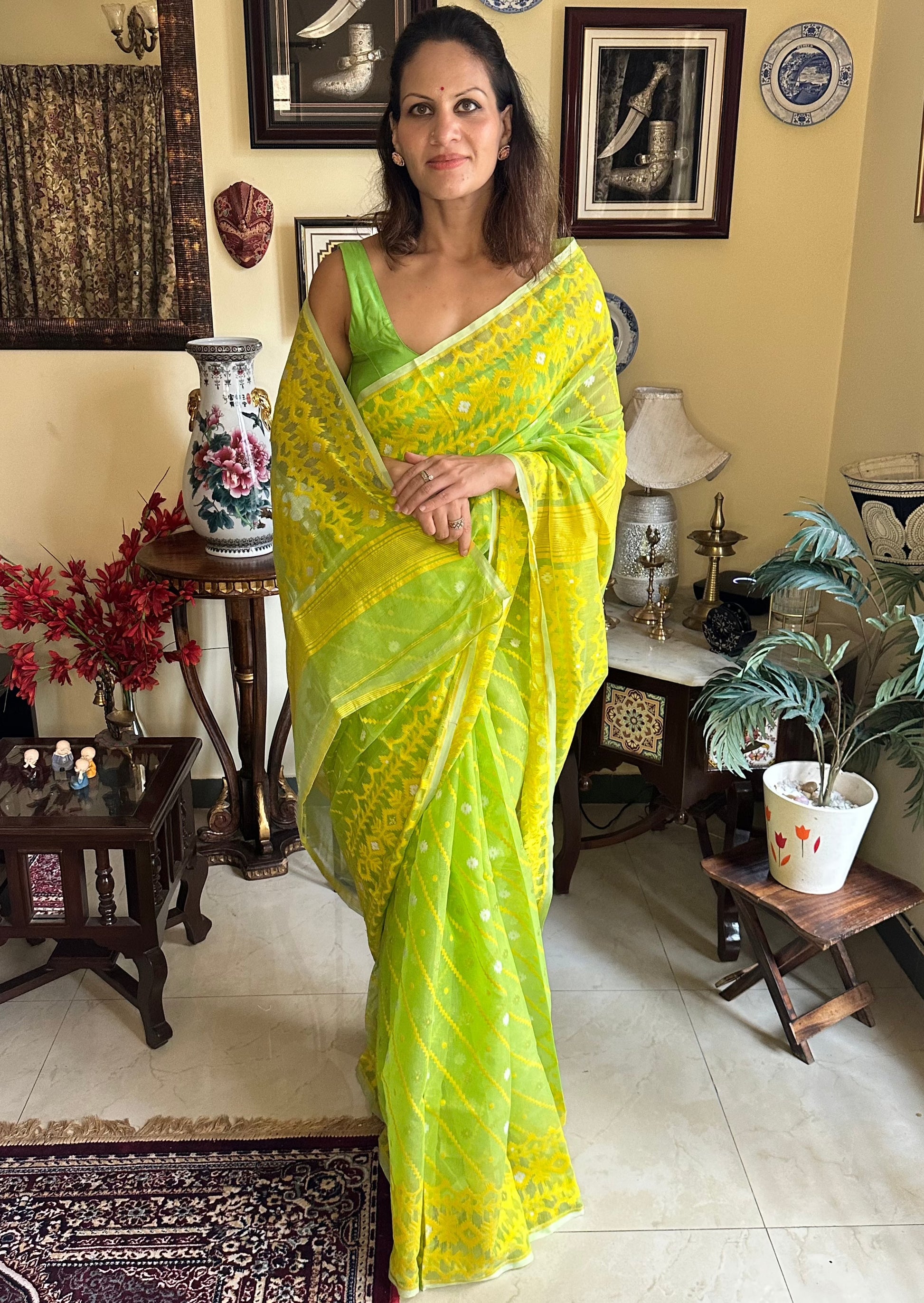 Lemon Green & Yellow Cotton Silk Jamdani Sari - Raahini